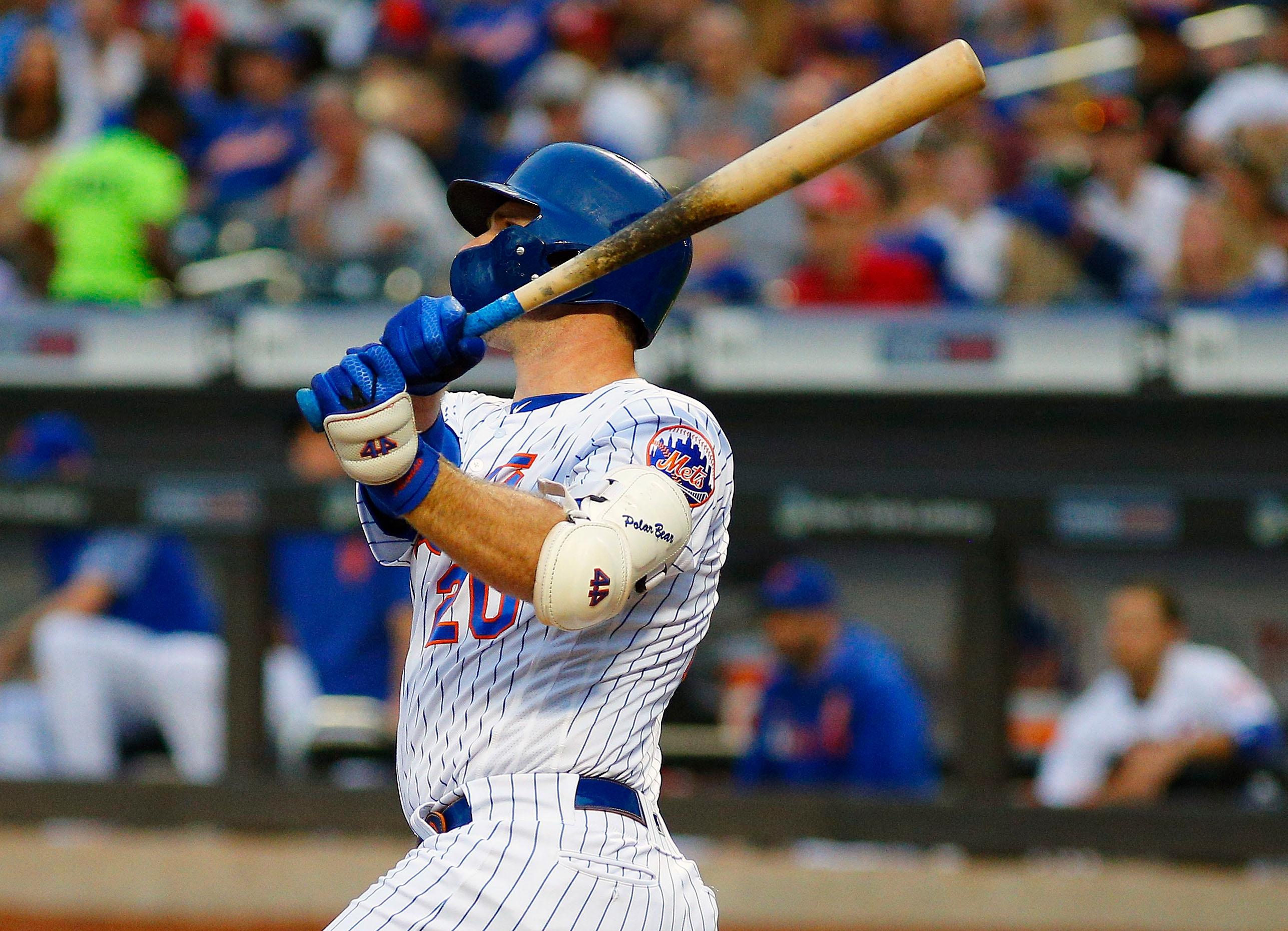 Jun 15, 2019; New York City, NY, USA; New York Mets first baseman Pete Alonso (20) hits a three run home run against the St. Louis Cardinals during the first inning at Citi Field. Mandatory Credit: Andy Marlin-USA TODAY Sports