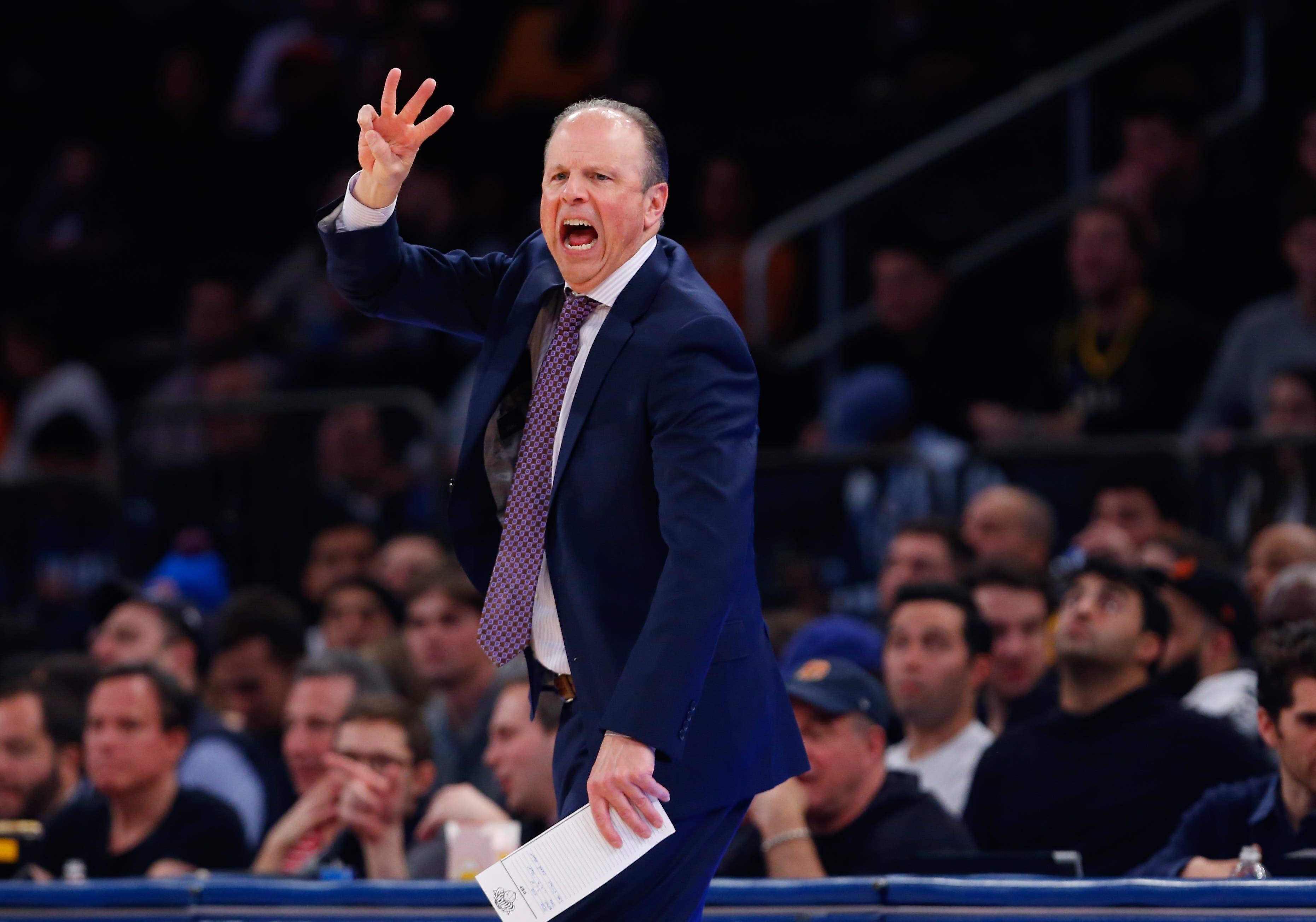 Dec 7, 2019; New York, NY, USA; New York Knicks interim head coach Mike Miller coaches against the Indiana Pacers during the first half at Madison Square Garden. Mandatory Credit: Noah K. Murray-USA TODAY Sports / Noah K. Murray