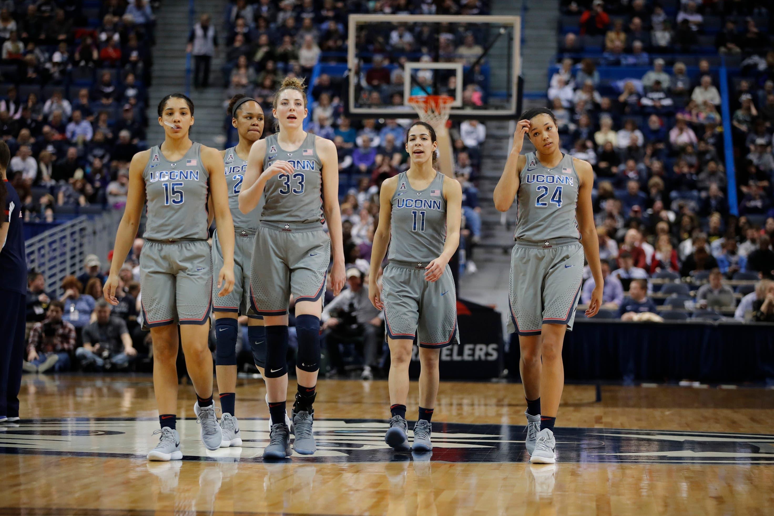 Feb 18, 2018; Hartford, CT, USA; Connecticut Huskies forward Gabby Williams (15) and forward Azura Stevens (23) and guard/forward Katie Lou Samuelson (33) and guard Kia Nurse (11) and forward Napheesa Collier (24) return to the court after a break in the action against the Temple Owls in the second half at XL Center. UConn defeated Temple 106-45. Mandatory Credit: David Butler II-USA TODAY Sports / David Butler II