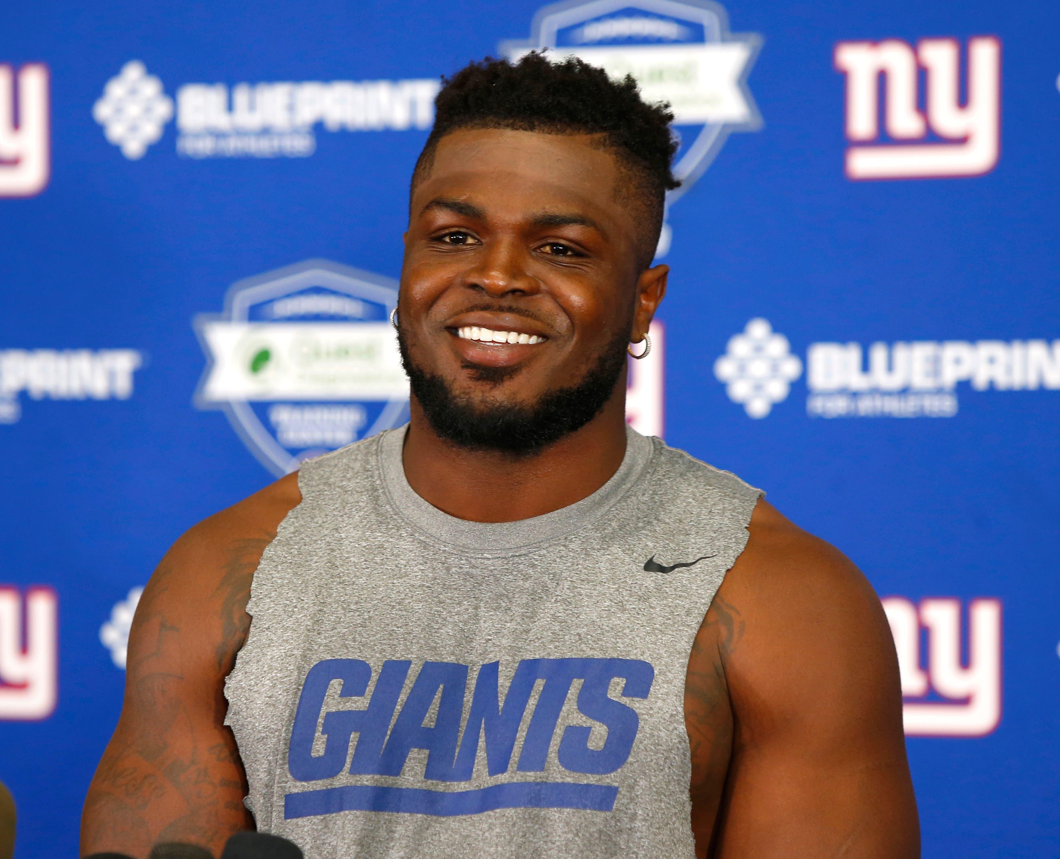 Jun 4, 2019; East Rutherford, NJ, USA; New York Giants free safety Jabrill Peppers answers questions from media during mini camp at Quest Diagnostic Training Center. Mandatory Credit: Noah K. Murray-USA TODAY Sports / Noah K. Murray