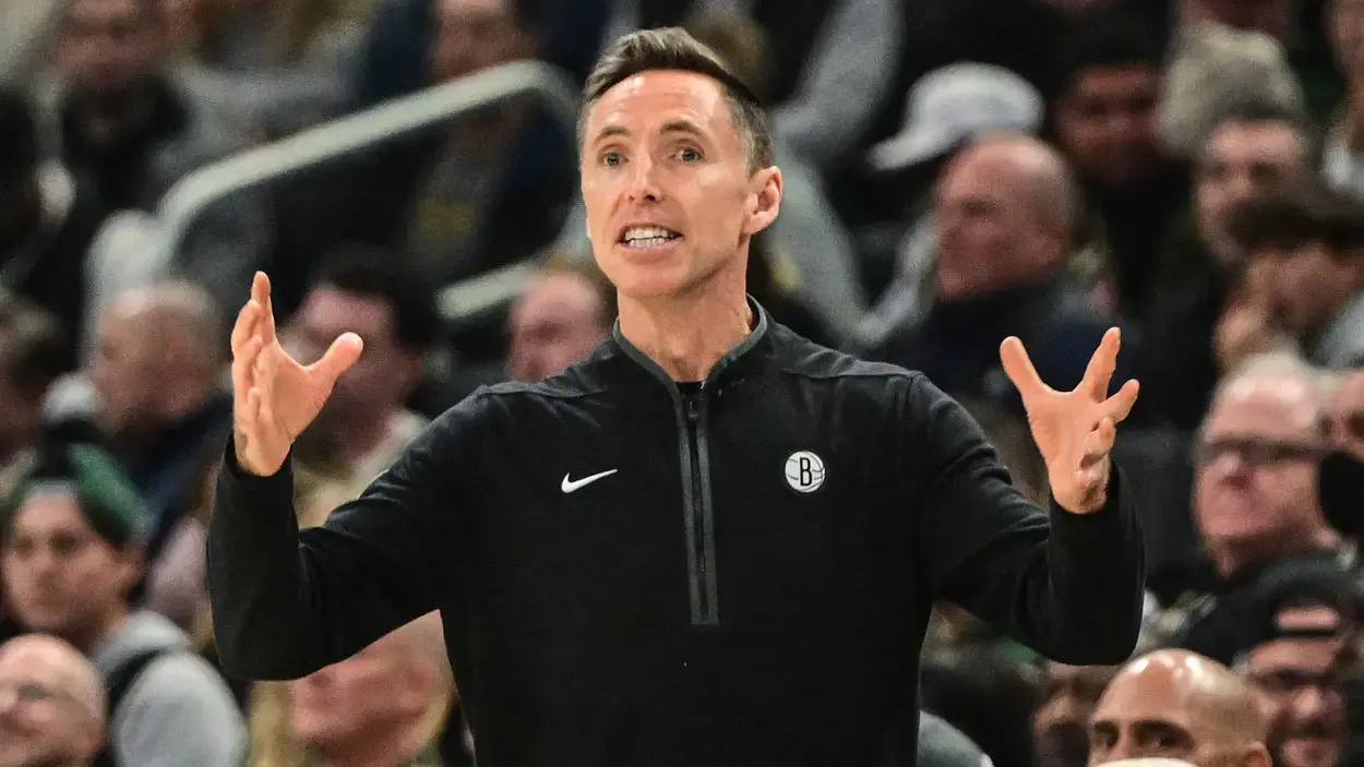 Oct 26, 2022; Milwaukee, Wisconsin, USA; Brooklyn Nets head coach Steve Nash calls a play in the second quarter during game against the Milwaukee Bucks at Fiserv Forum. / Benny Sieu-USA TODAY Sports