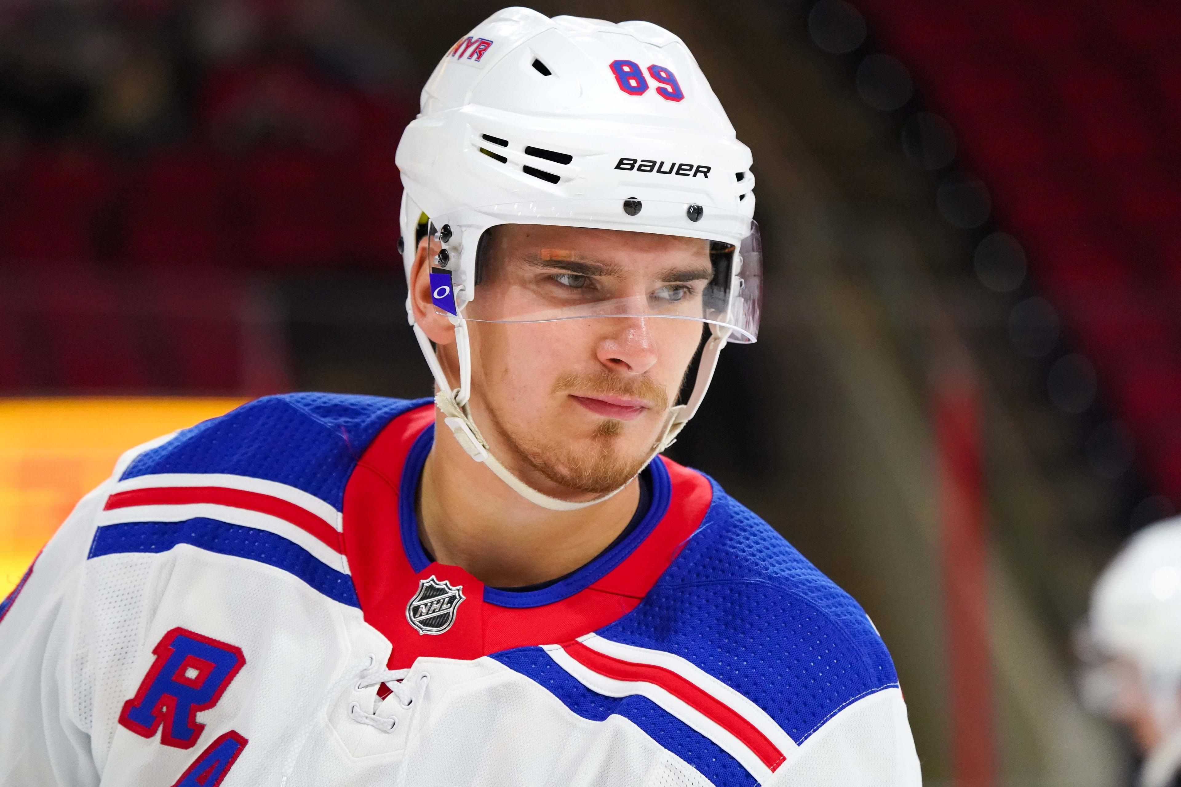 Oct 7, 2018; Raleigh, NC, USA; New York Rangers right wing Pavel Buchnevich (89) looks on before the game against the Carolina Hurricanes at PNC Arena. The Carolina Hurricanes defeated the New York Rangers 8-5. Mandatory Credit: James Guillory-USA TODAY Sports / James Guillory