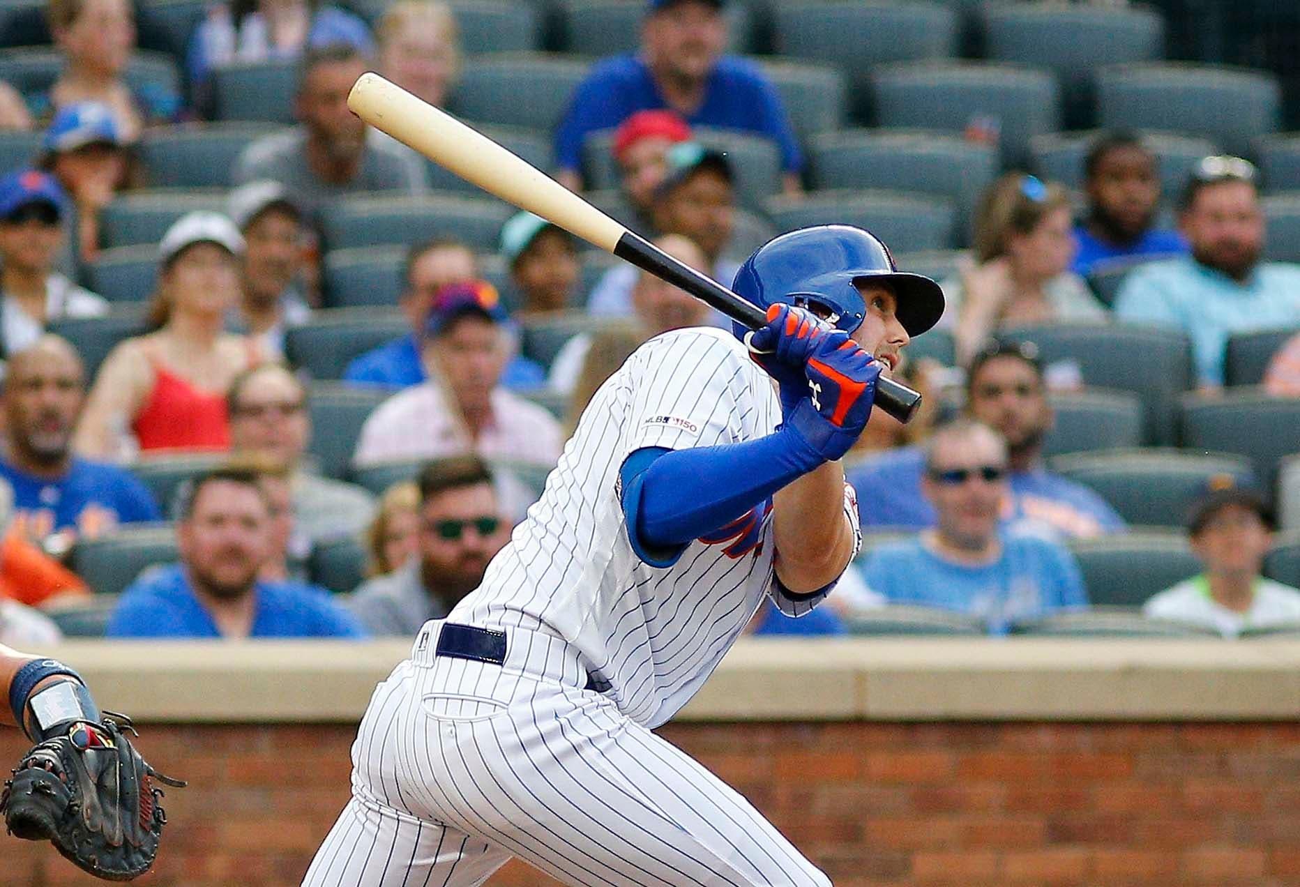 Jun 29, 2019; New York City, NY, USA; New York Mets right fielder Jeff McNeil (6) hits an RBI double against the Atlanta Braves during the fourth inning at Citi Field. Mandatory Credit: Andy Marlin-USA TODAY Sports / Andy Marlin