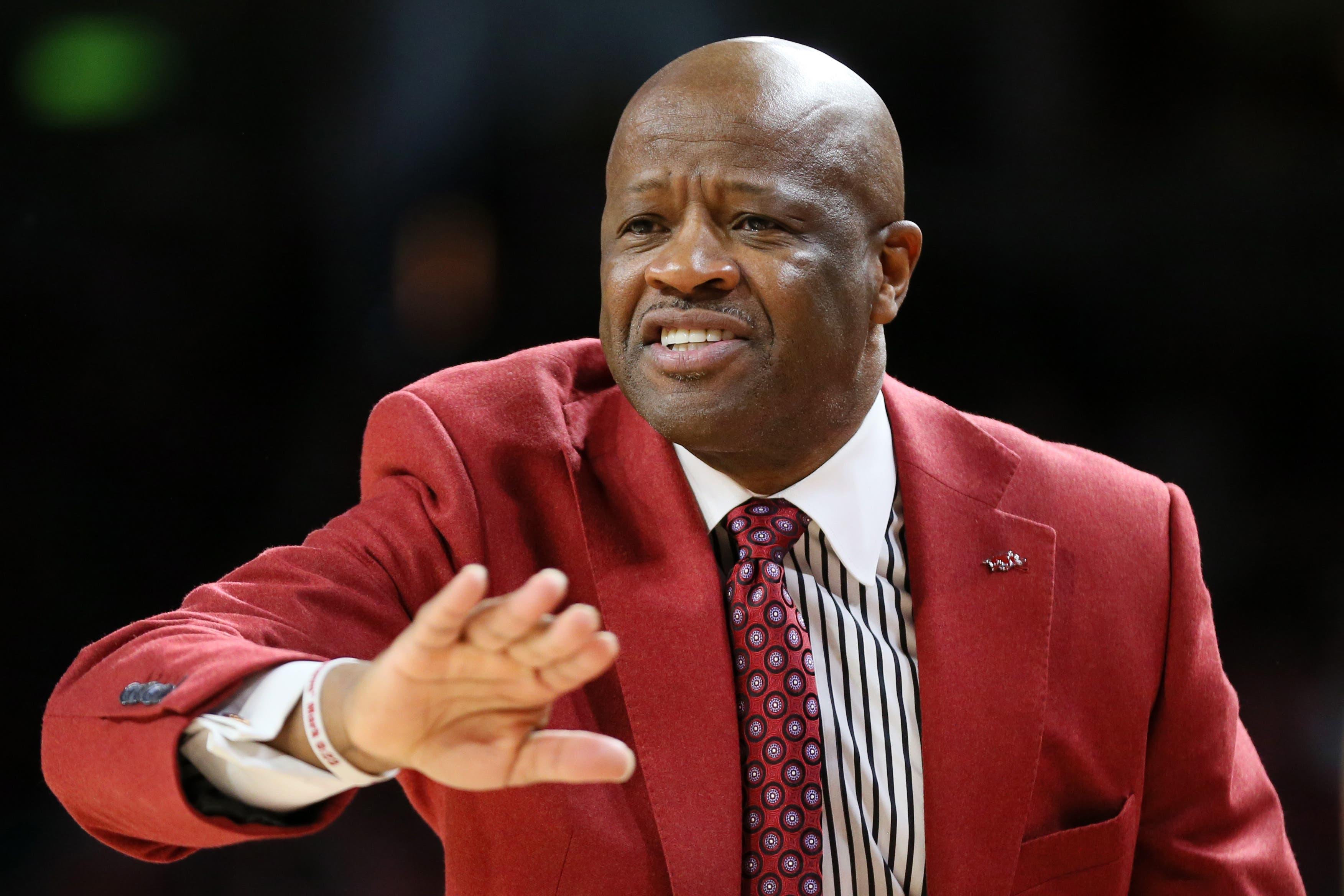 Mar 2, 2019; Fayetteville, AR, USA; Arkansas Razorbacks head coach Mike Anderson motions to his team during the first half against the Ole Miss Rebels at Bud Walton Arena. Mandatory Credit: Nelson Chenault-USA TODAY Sports / Nelson Chenault