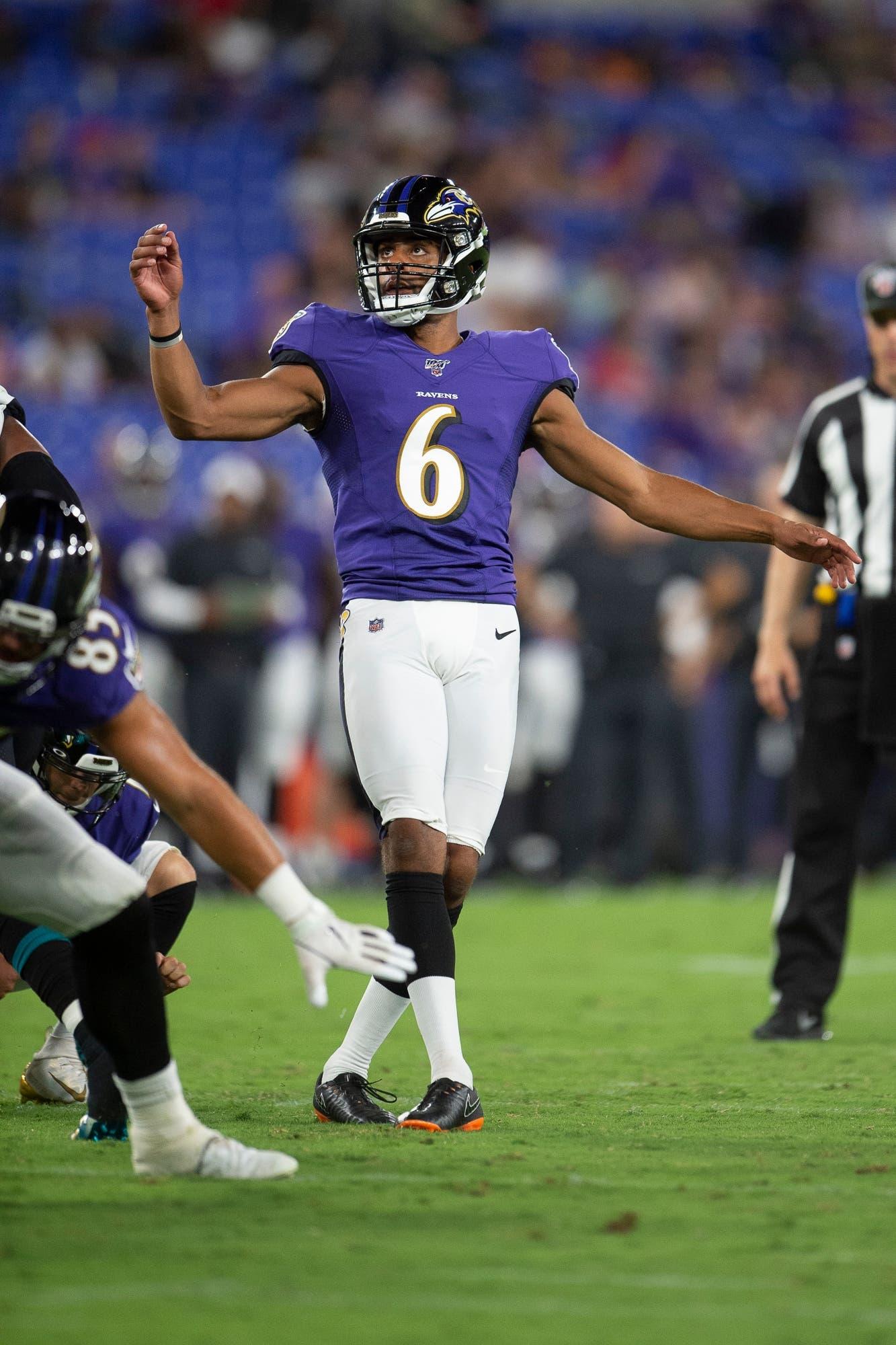 Aug 8, 2019; Baltimore, MD, USA; Baltimore Ravens punter Kaare Vedvik (6) kicks a field goal during during the second half against the Baltimore Ravens at M&T Bank Stadium. Mandatory Credit: Tommy Gilligan-USA TODAY Sports / Tommy Gilligan