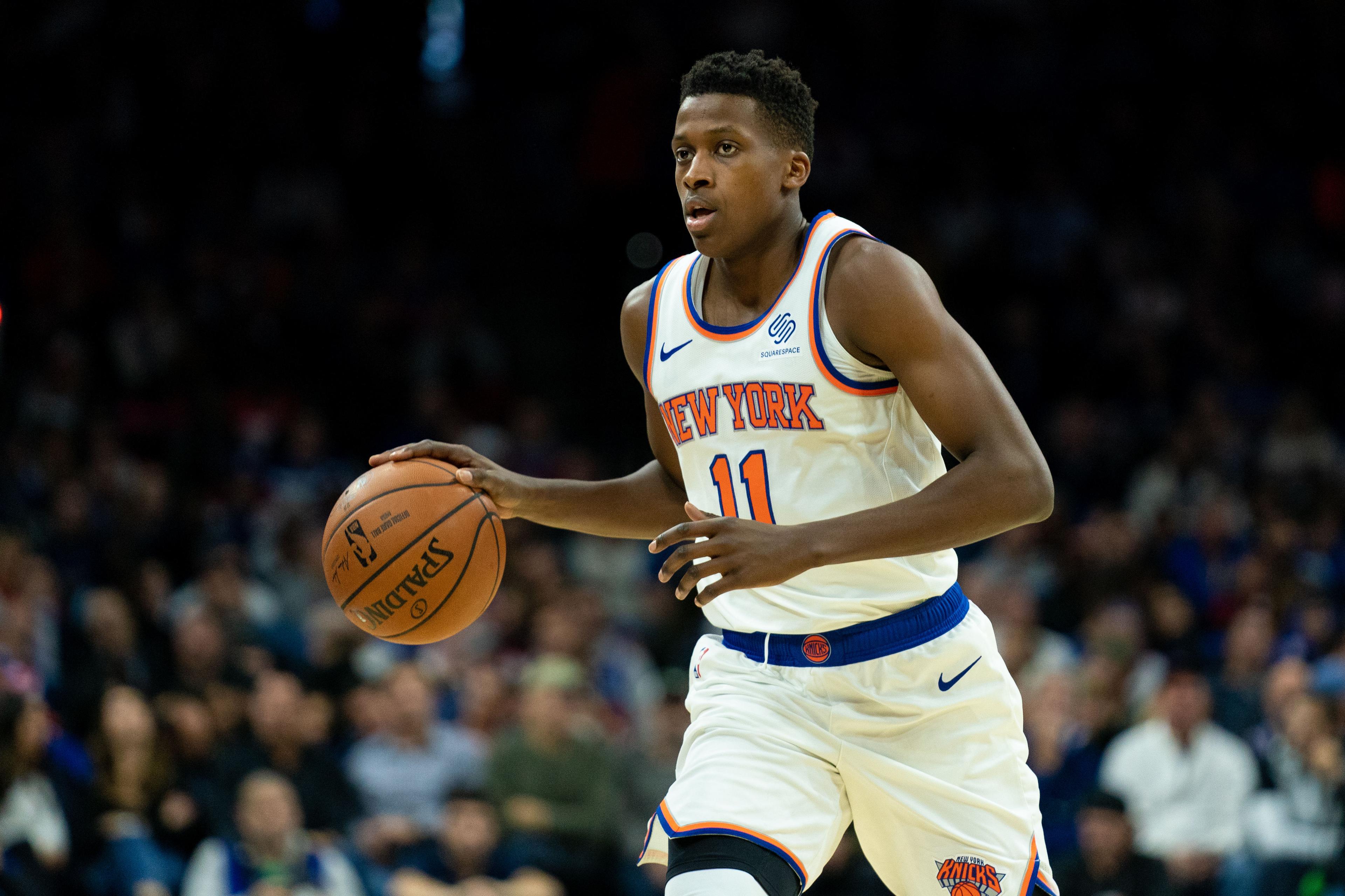 Nov 20, 2019; Philadelphia, PA, USA; New York Knicks guard Frank Ntilikina (11) dribbles against the Philadelphia 76ers during the second quarter at Wells Fargo Center. Mandatory Credit: Bill Streicher-USA TODAY Sports