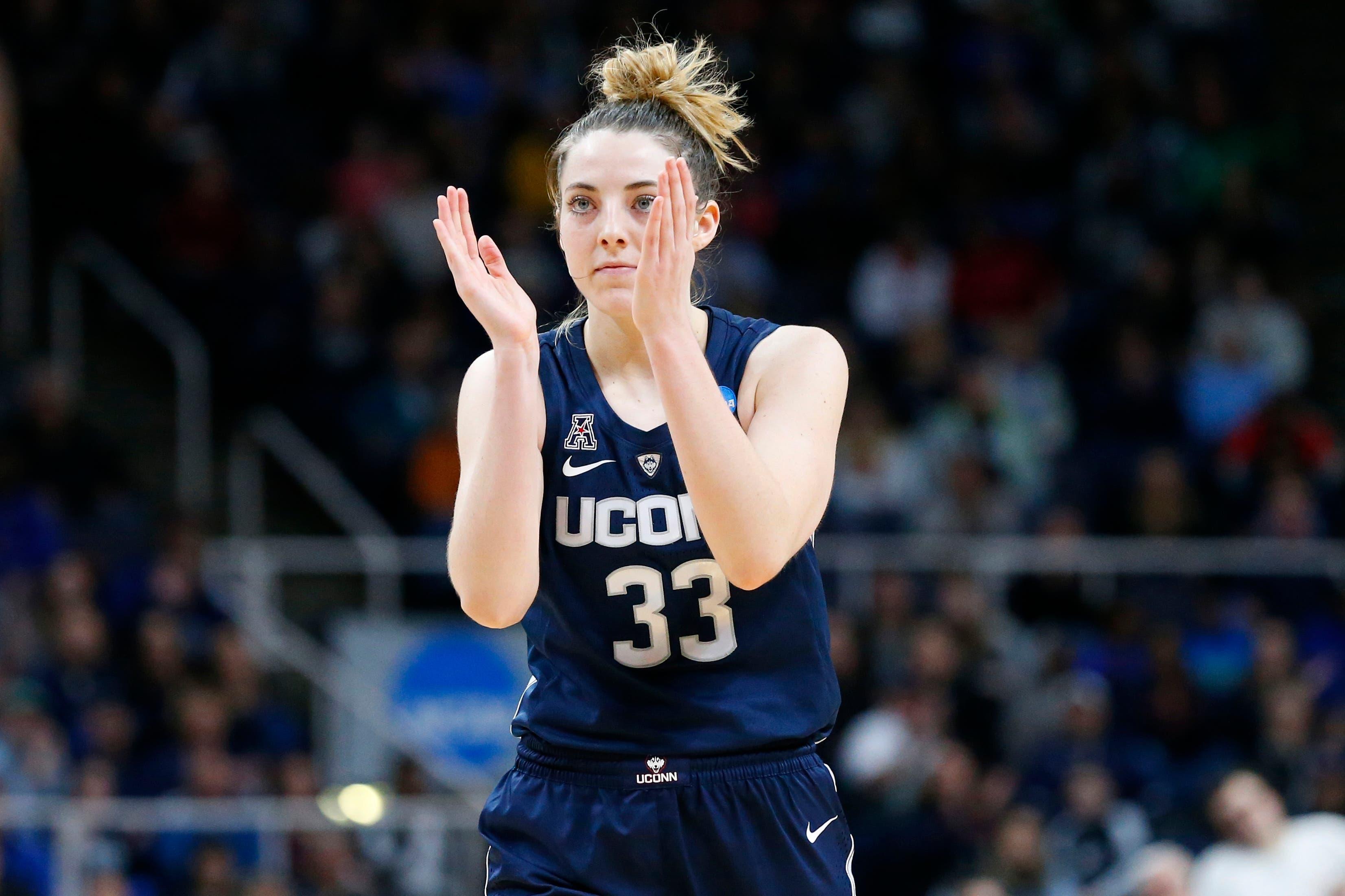 UConn Huskies guard Katie Lou Samuelson reacts after a play against the Louisville Cardinals during the second half in the championship game of the Albany regional in the women's 2019 NCAA tournament at Times Union Center. / Rich Barnes/USA TODAY Sports