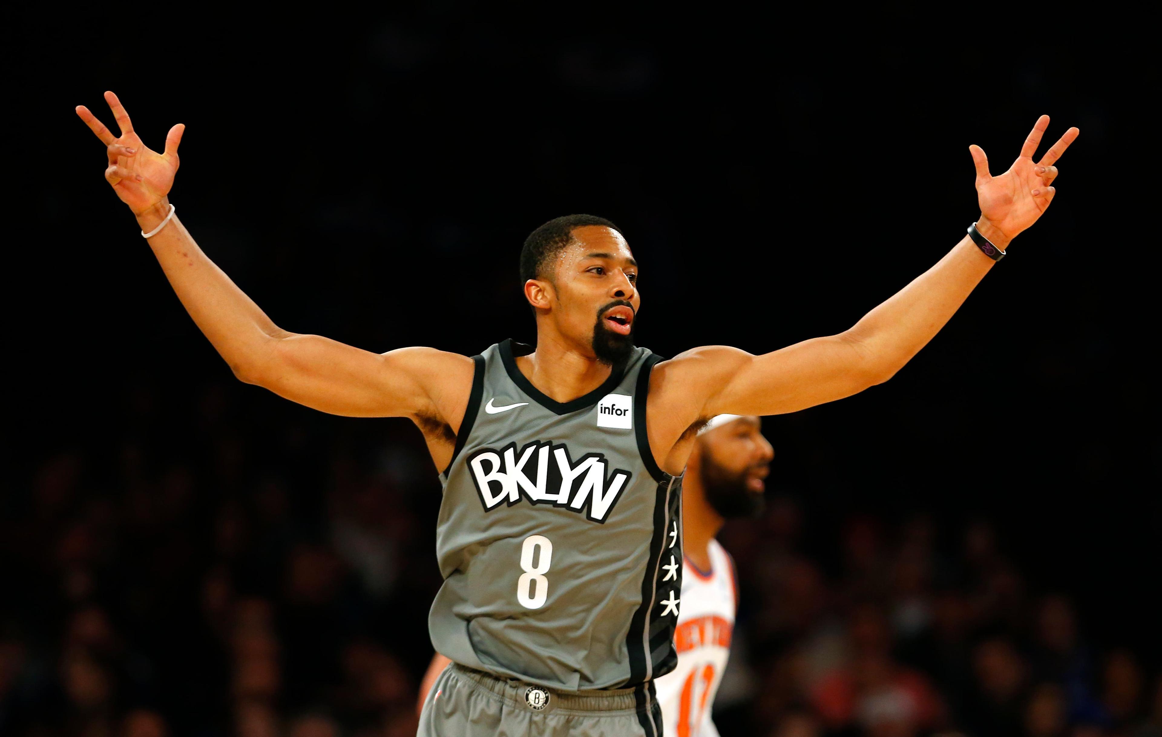 Nov 24, 2019; New York, NY, USA; Brooklyn Nets guard Spencer Dinwiddie (8) reacts after making a three point shot against the New York Knicks during the first half at Madison Square Garden. Mandatory Credit: Noah K. Murray-USA TODAY Sports / Noah K. Murray