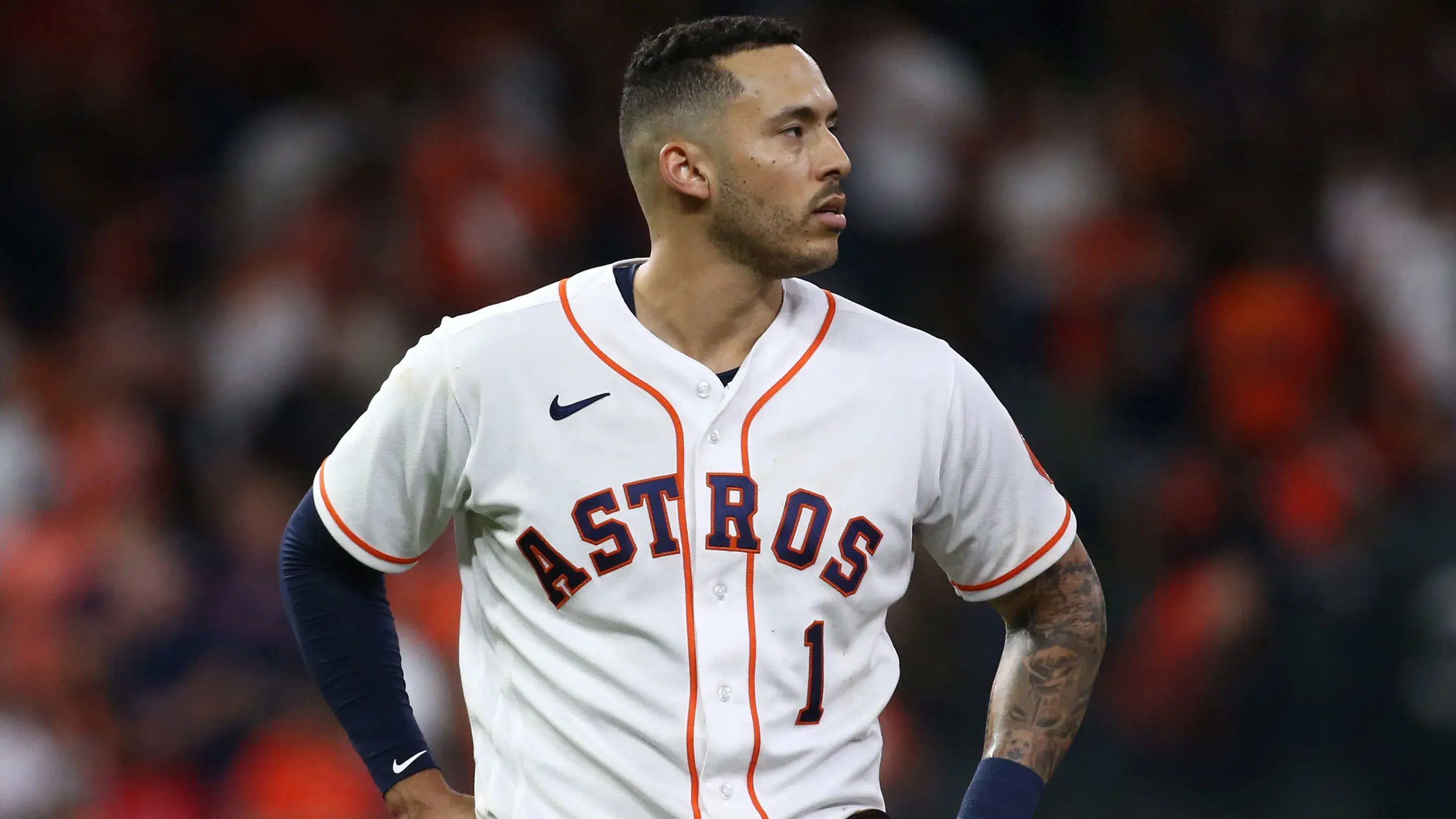 Houston Astros shortstop Carlos Correa (1) reacts after striking out against the Atlanta Braves during the sixth inning in game six of the 2021 World Series at Minute Maid Park. / Troy Taormina-USA TODAY Sports