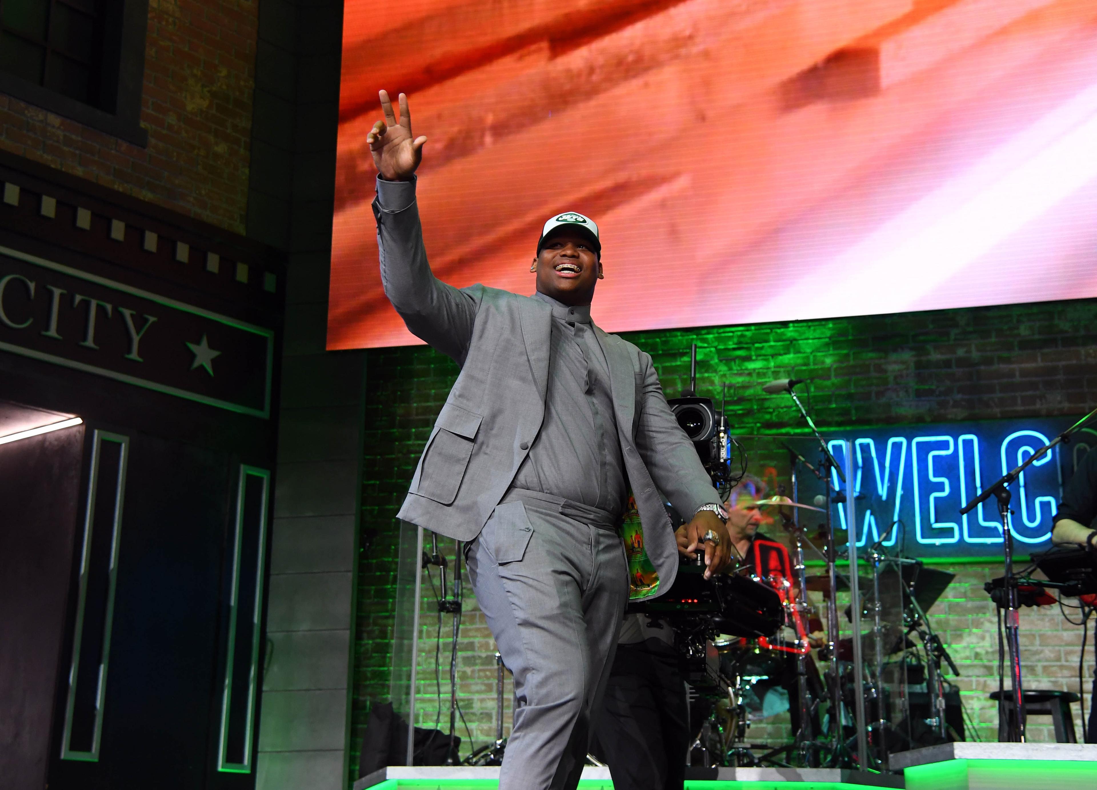 Apr 25, 2019; Nashville, TN, USA; Quinnen Williams (Alabama) is selected as the number three overall pick to the New York Jets in the first round of the 2019 NFL Draft in Downtown Nashville. Mandatory Credit: Christopher Hanewinckel-USA TODAY Sports / Christopher Hanewinckel