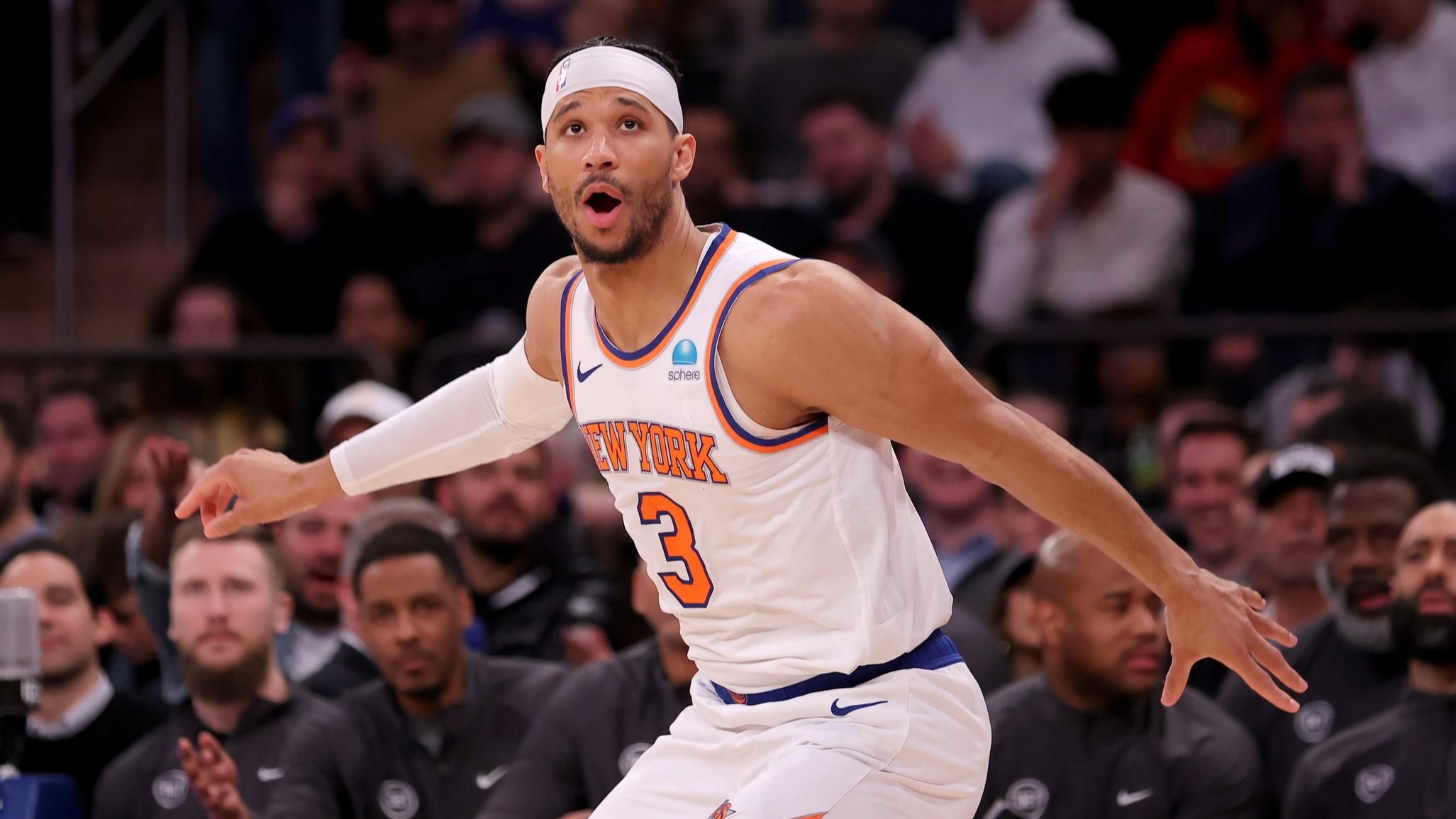 Mar 25, 2024; New York, New York, USA; New York Knicks guard Josh Hart (3) reacts after missing a three point shot against the Detroit Pistons during the second quarter at Madison Square Garden. / Brad Penner-USA TODAY Sports