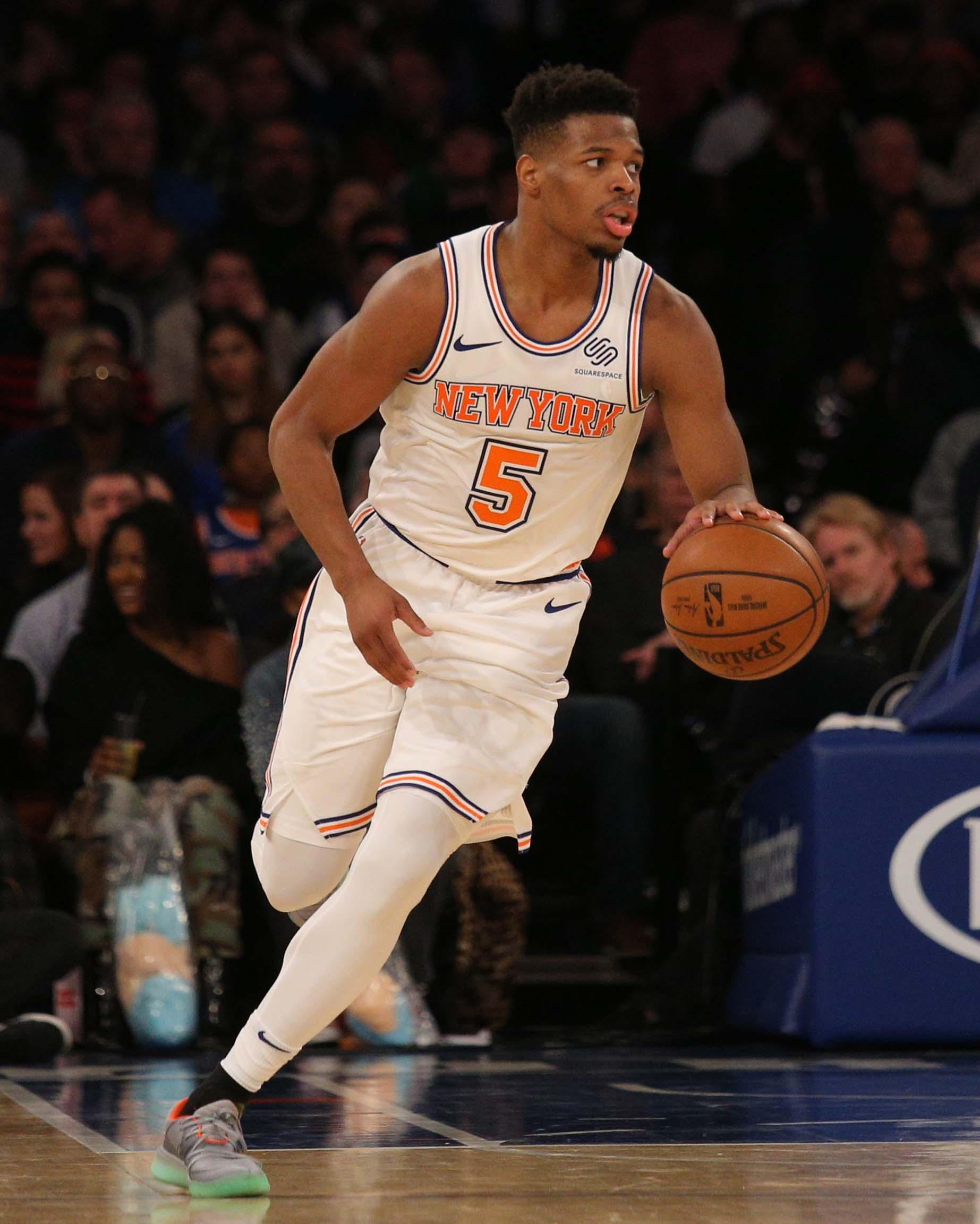 Feb 3, 2019; New York, NY, USA; New York Knicks guard Dennis Smith Jr. (5) controls the ball against the Memphis Grizzlies during the third quarter at Madison Square Garden. Mandatory Credit: Brad Penner-USA TODAY Sports / Brad Penner