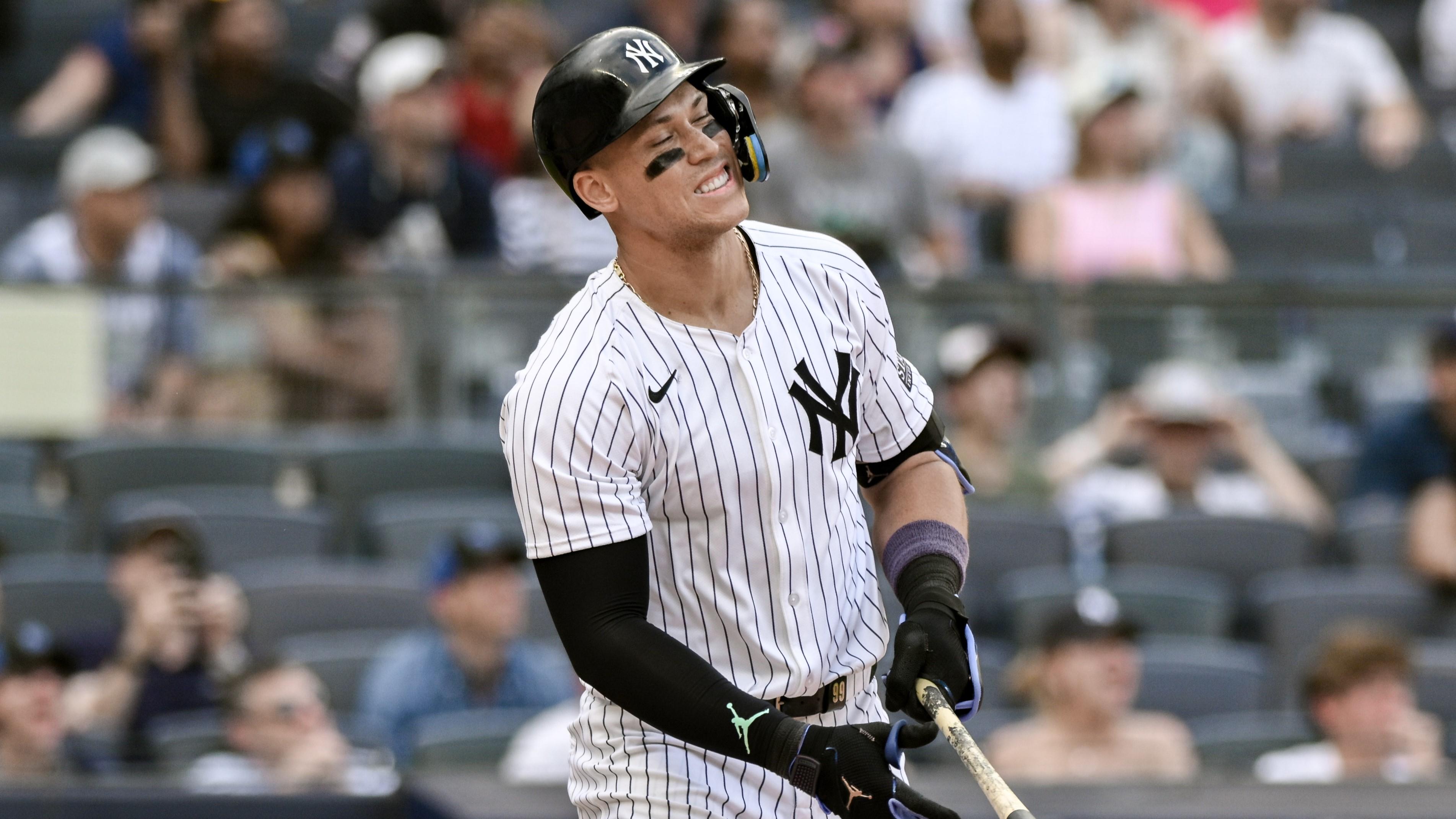 Jul 21, 2024; Bronx, New York, USA; New York Yankees outfielder Aaron Judge (99) reacts after hitting a deep fly ball for an out during the ninth inning against the Tampa Bay Rays at Yankee Stadium. Mandatory Credit: John Jones-USA TODAY Sports