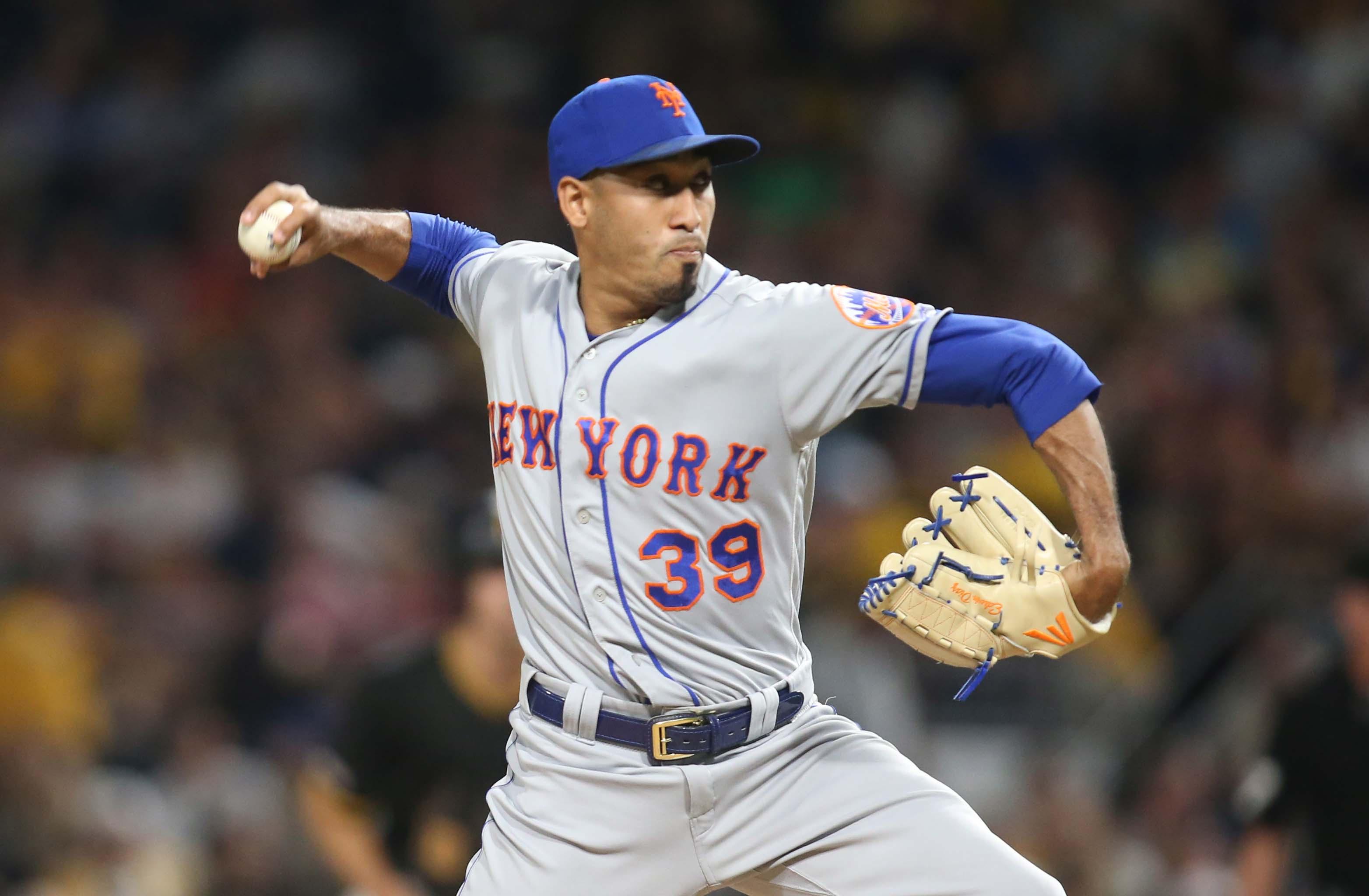 Aug 3, 2019; Pittsburgh, PA, USA; New York Mets relief pitcher Edwin Diaz (39) pitches against the Pittsburgh Pirates during the ninth inning at PNC Park. The Mets won 7-5. Mandatory Credit: Charles LeClaire-USA TODAY Sports