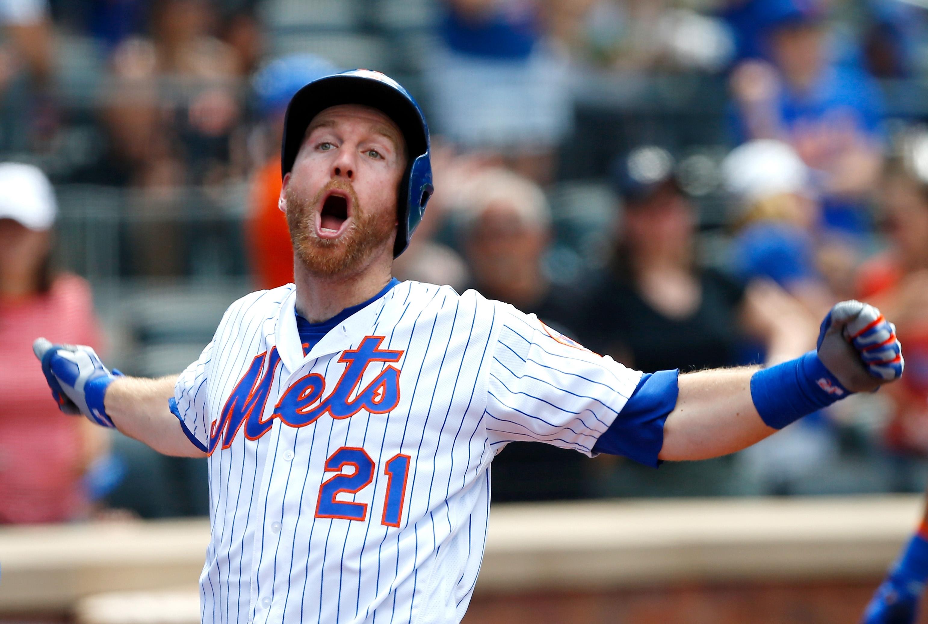 Jun 6, 2019; New York City, NY, USA; New York Mets third baseman Todd Frazier (21) celebrates after hitting a home run against the San Francisco Giants in the eighth inning at Citi Field. Mandatory Credit: Noah K. Murray-USA TODAY Sports