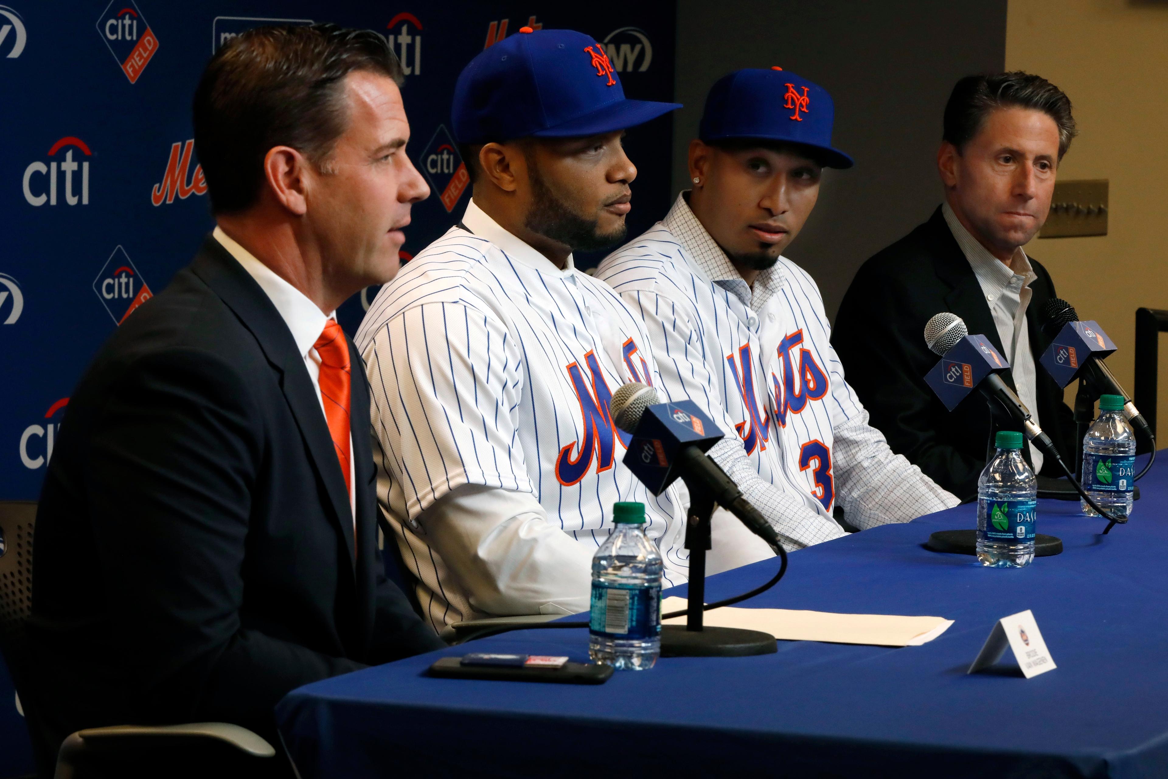 Brodie Van Wagenen, Robinson Cano, Edwin Diaz, and Jeff Wilpon (AP Photo/Richard Drew)