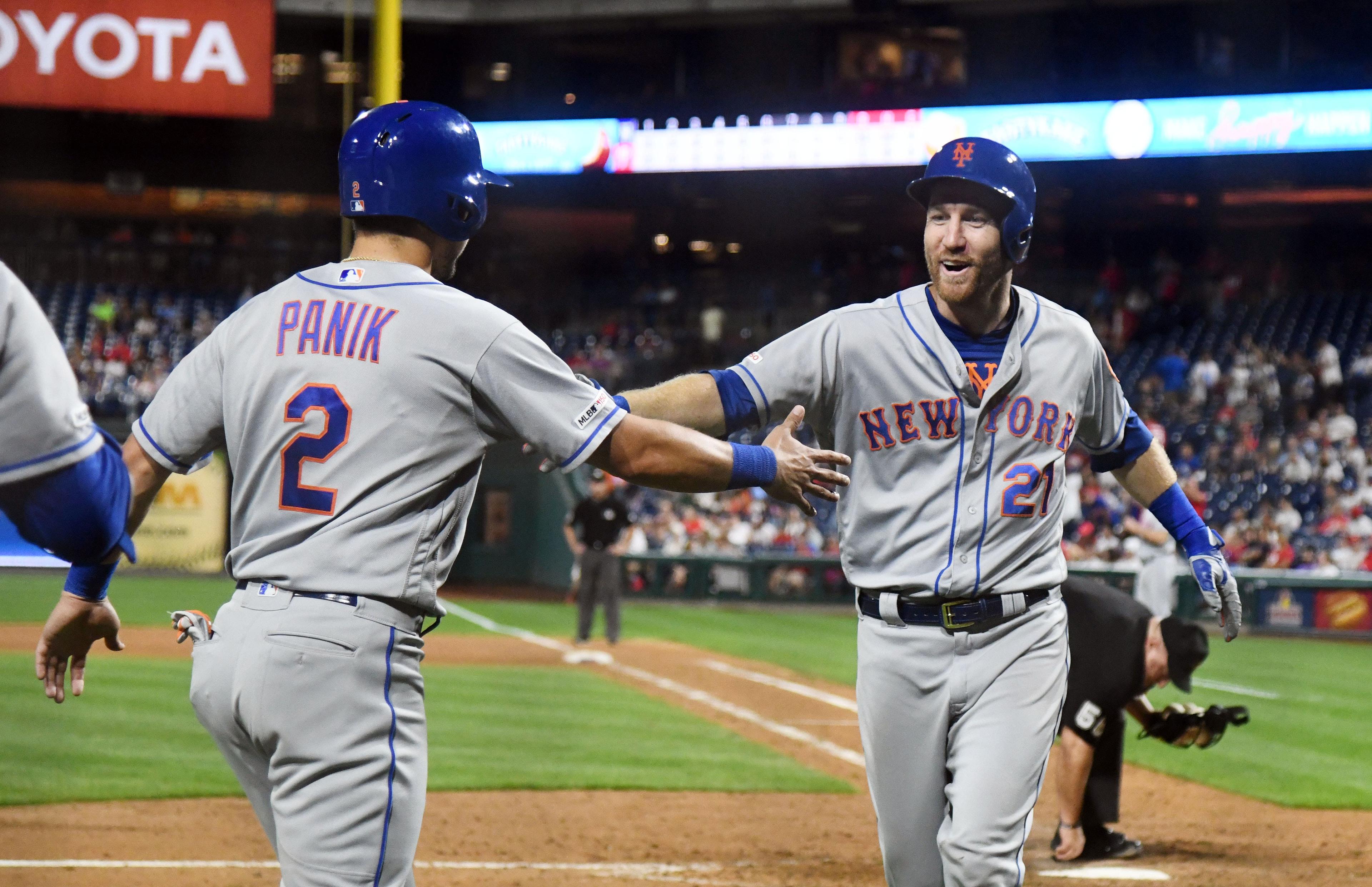 Aug 30, 2019; Philadelphia, PA, USA; New York Mets third baseman Todd Frazier (21) celebrates with second baseman Joe Panik (2) after hitting a three run home run in the ninth inning against the Philadelphia Phillies at Citizens Bank Park. Mandatory Credit: James Lang-USA TODAY Sports / James Lang