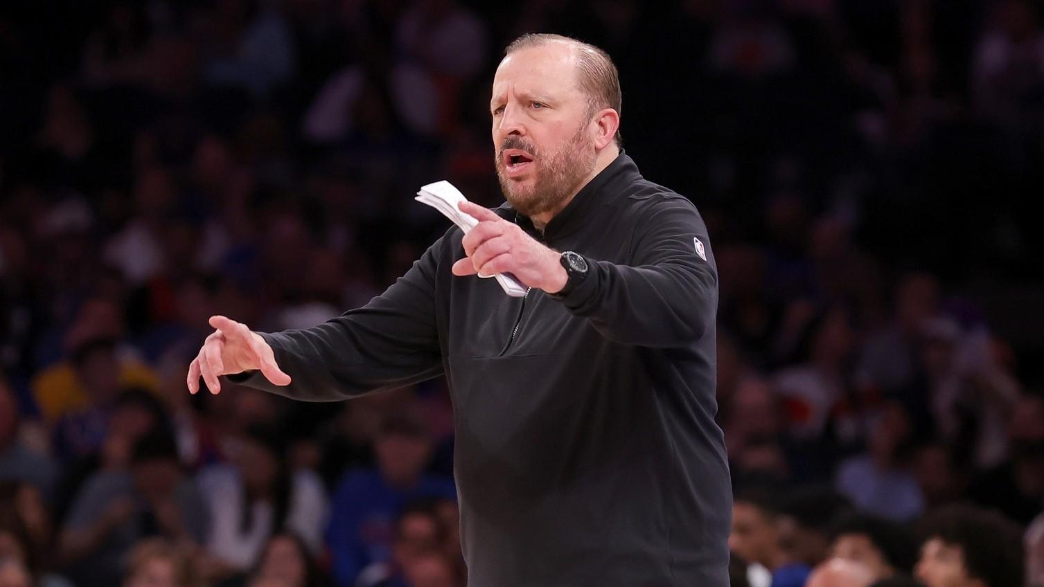 New York Knicks head coach Tom Thibodeau coaches against the Indiana Pacers during the third quarter of game seven of the second round of the 2024 NBA playoffs at Madison Square Garden.