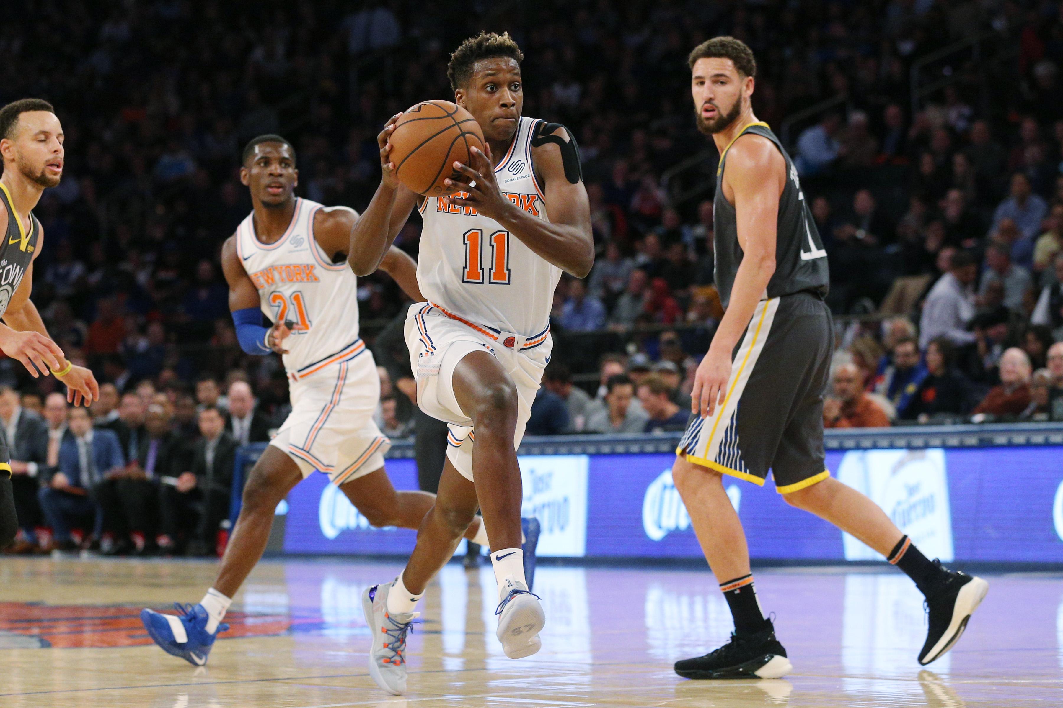 Oct 26, 2018; New York, NY, USA; New York Knicks guard Frank Ntilikina (11) drives to the basket against Golden State Warriors guard Klay Thompson (11) during the third quarter at Madison Square Garden. Mandatory Credit: Brad Penner-USA TODAY Sports