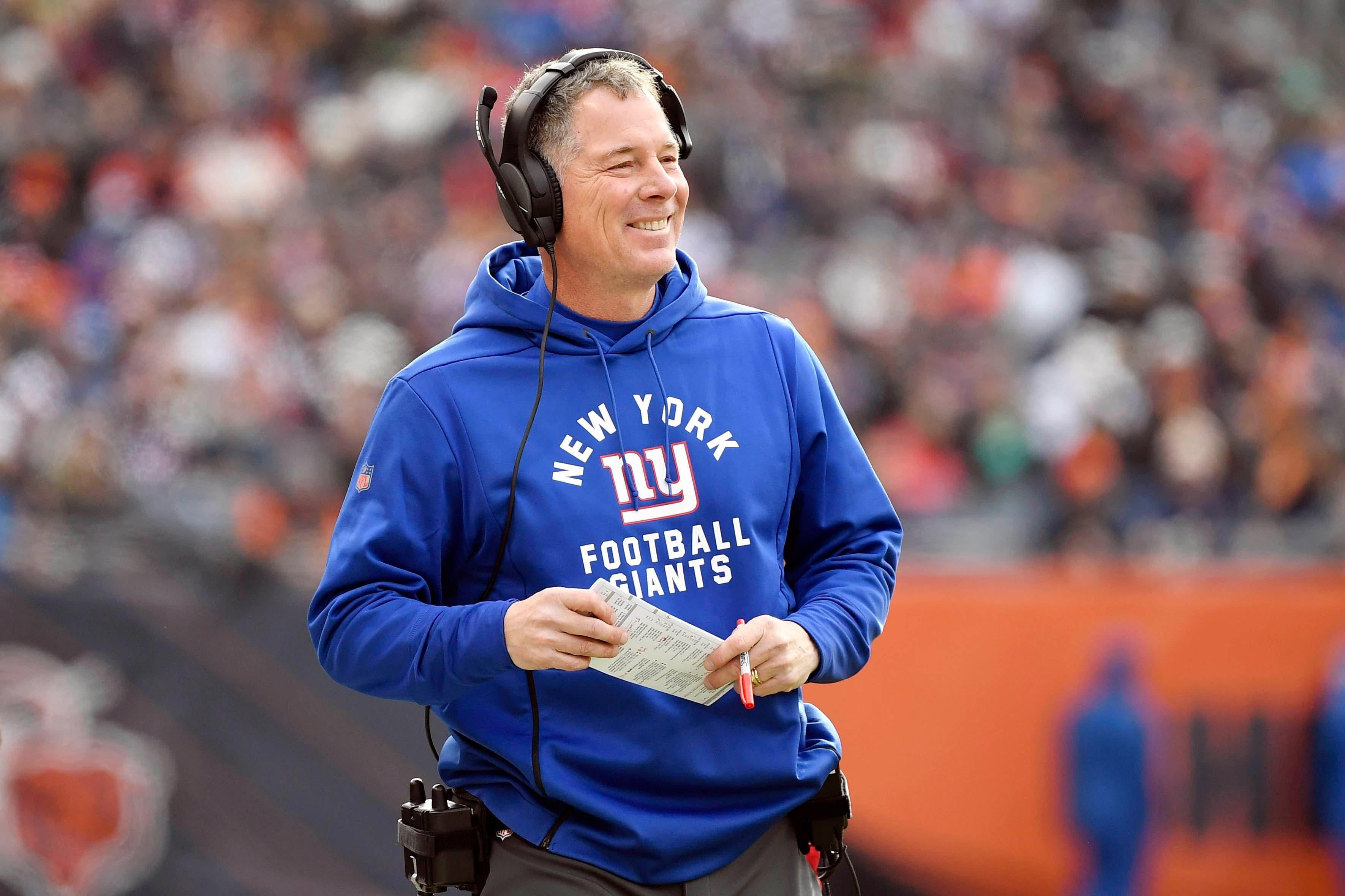 Nov 24, 2019; Chicago, IL, USA; New York Giants head coach Pat Shurmur smiles after the touchdown in the first half against the Chicago Bears at Soldier Field. Mandatory Credit: Quinn Harris-USA TODAY Sports / Quinn Harris