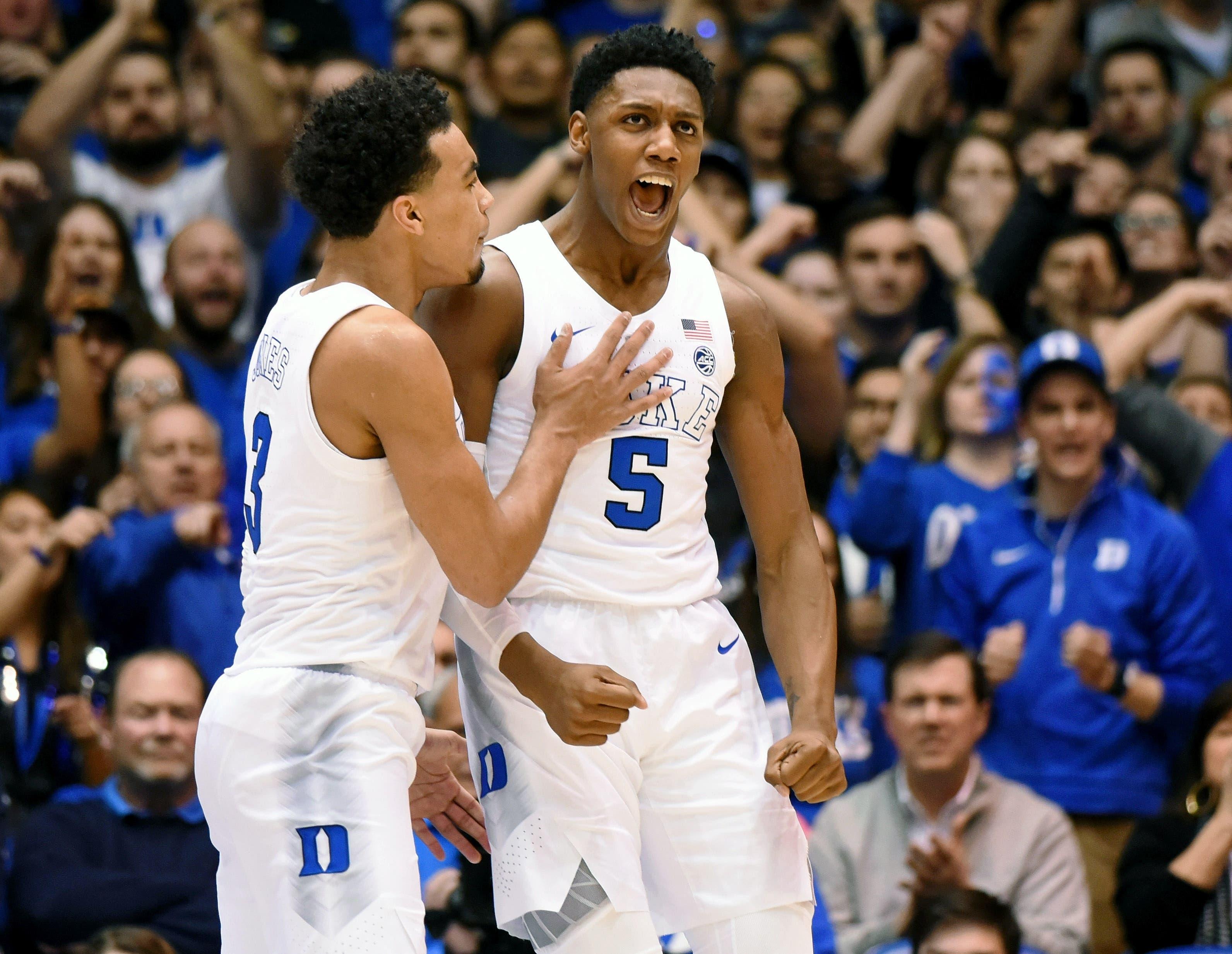 Duke Blue Devils forward R.J. Barrett reacts during the second half against the Wake Forest Demon Deacons at Cameron Indoor Stadium. / Rob Kinnan/USA TODAY Sports