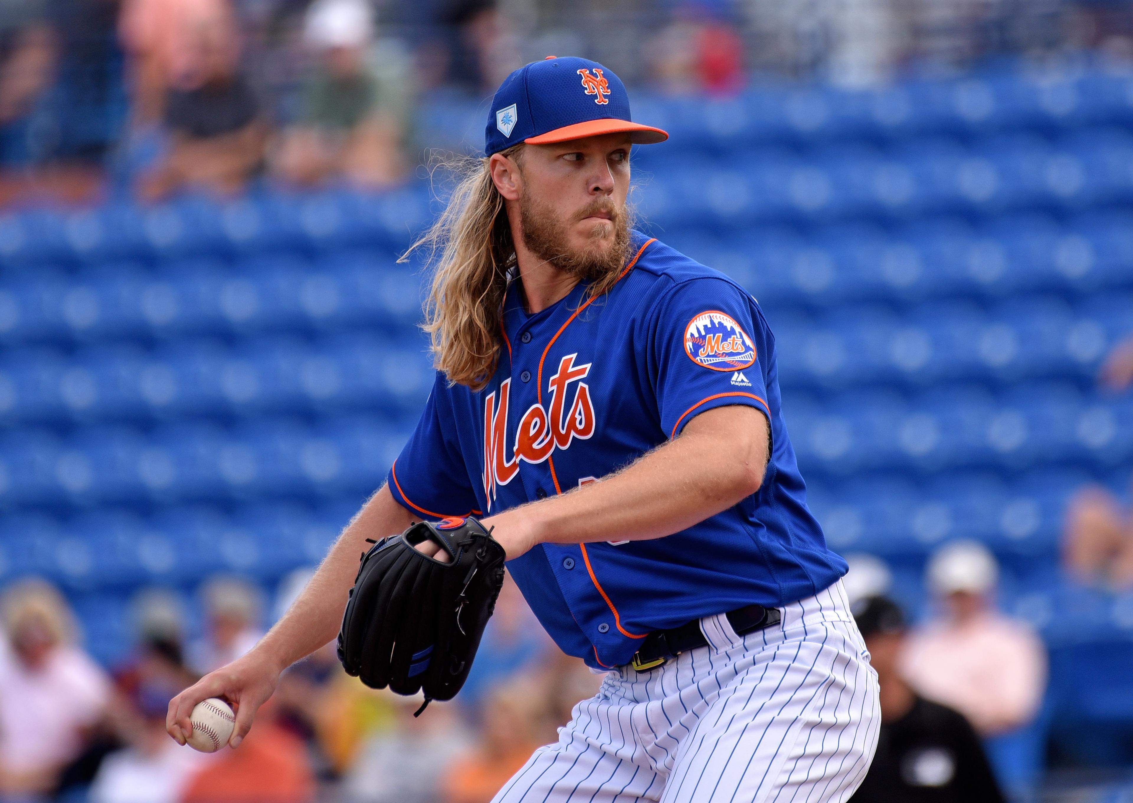 Mar 8, 2019; Port St. Lucie, FL, USA; New York Mets starting pitcher Noah Syndergaard (34) delivers a pitch against the Miami Marlins during a spring training game at First Data Field. Mandatory Credit: Steve Mitchell-USA TODAY Sports