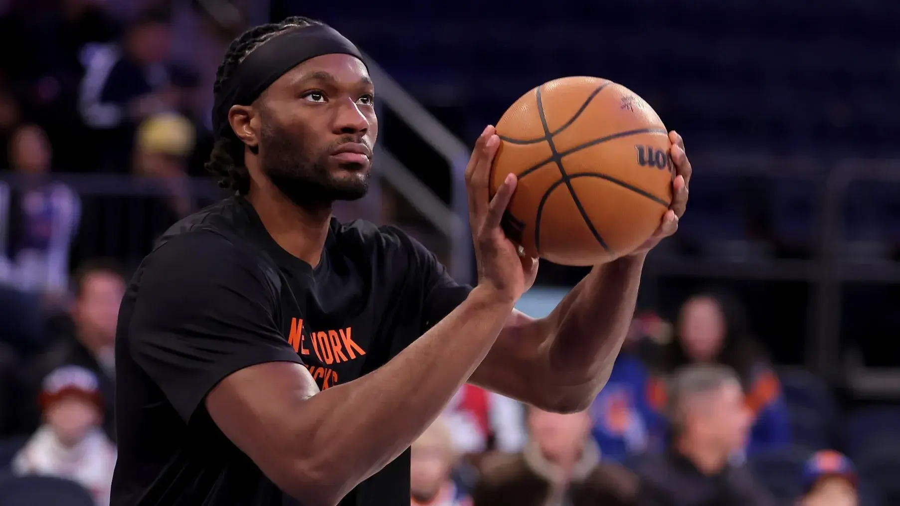 Feb 3, 2024; New York, New York, USA; New York Knicks forward Precious Achiuwa (5) warms up before a game against the Los Angeles Lakers at Madison Square Garden. / Brad Penner-USA TODAY Sports