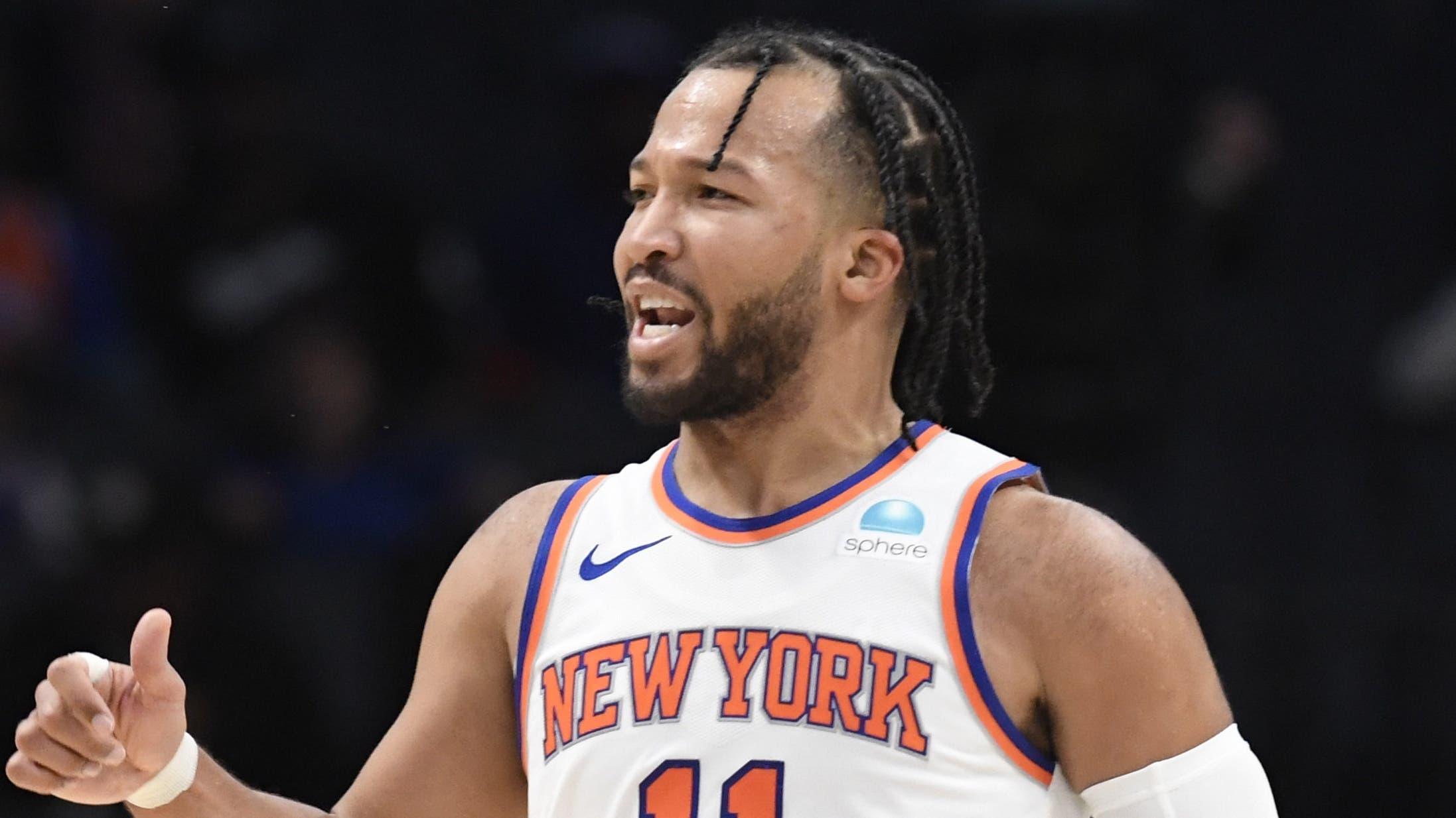 Jan 29, 2024; Charlotte, North Carolina, USA; New York Knicks guard Jalen Brunson (11) reacts after he scores during the second half against the Charlotte Hornets at the Spectrum Center. Mandatory Credit: Sam Sharpe-USA TODAY Sports / © Sam Sharpe-USA TODAY Sports