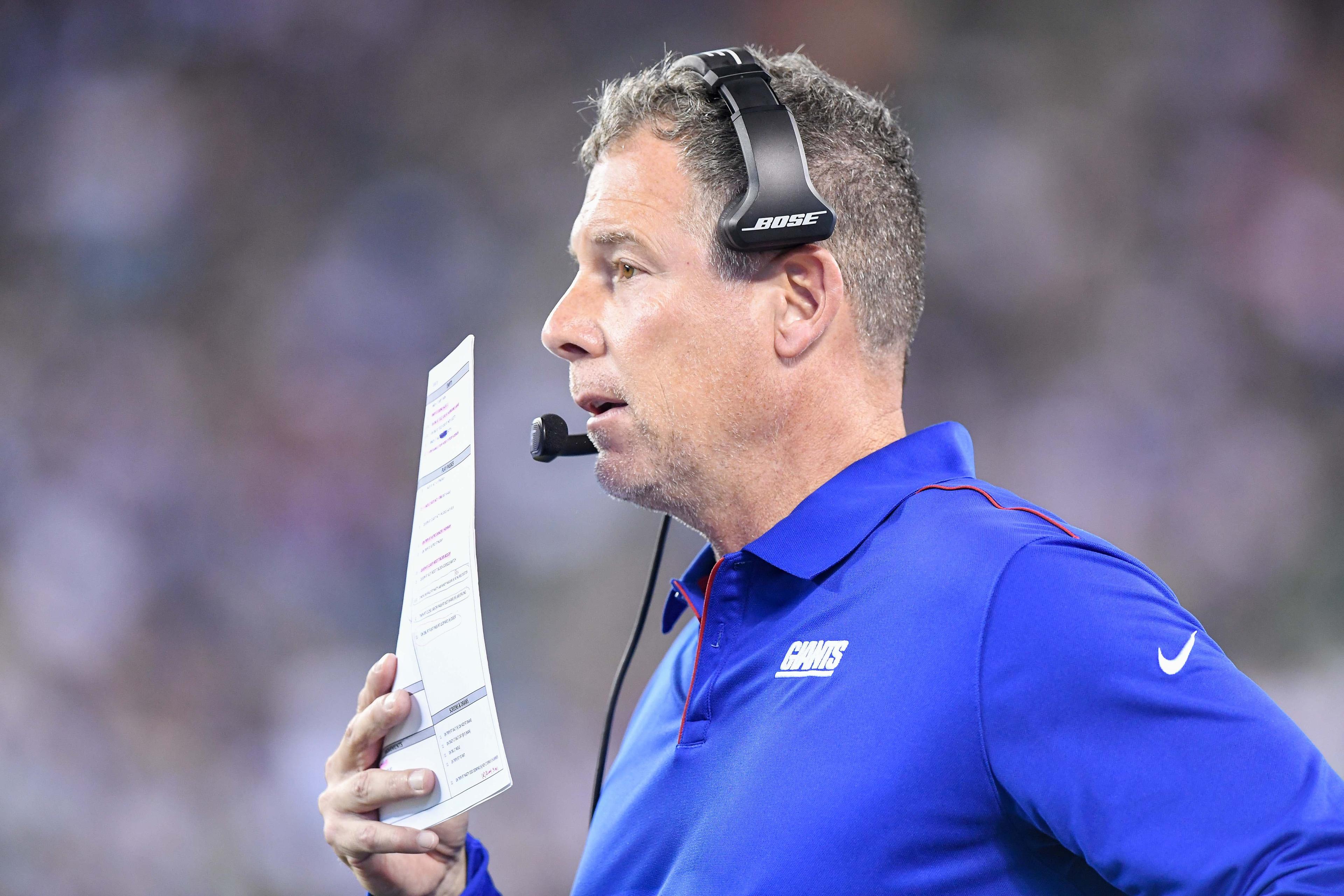 Aug 8, 2019; East Rutherford, NJ, USA; New York Giants head coach Pat Shurmur coaching against the New York Jets during the second half at MetLife Stadium. Mandatory Credit: Dennis Schneidler-USA TODAY Sports / Dennis Schneidler