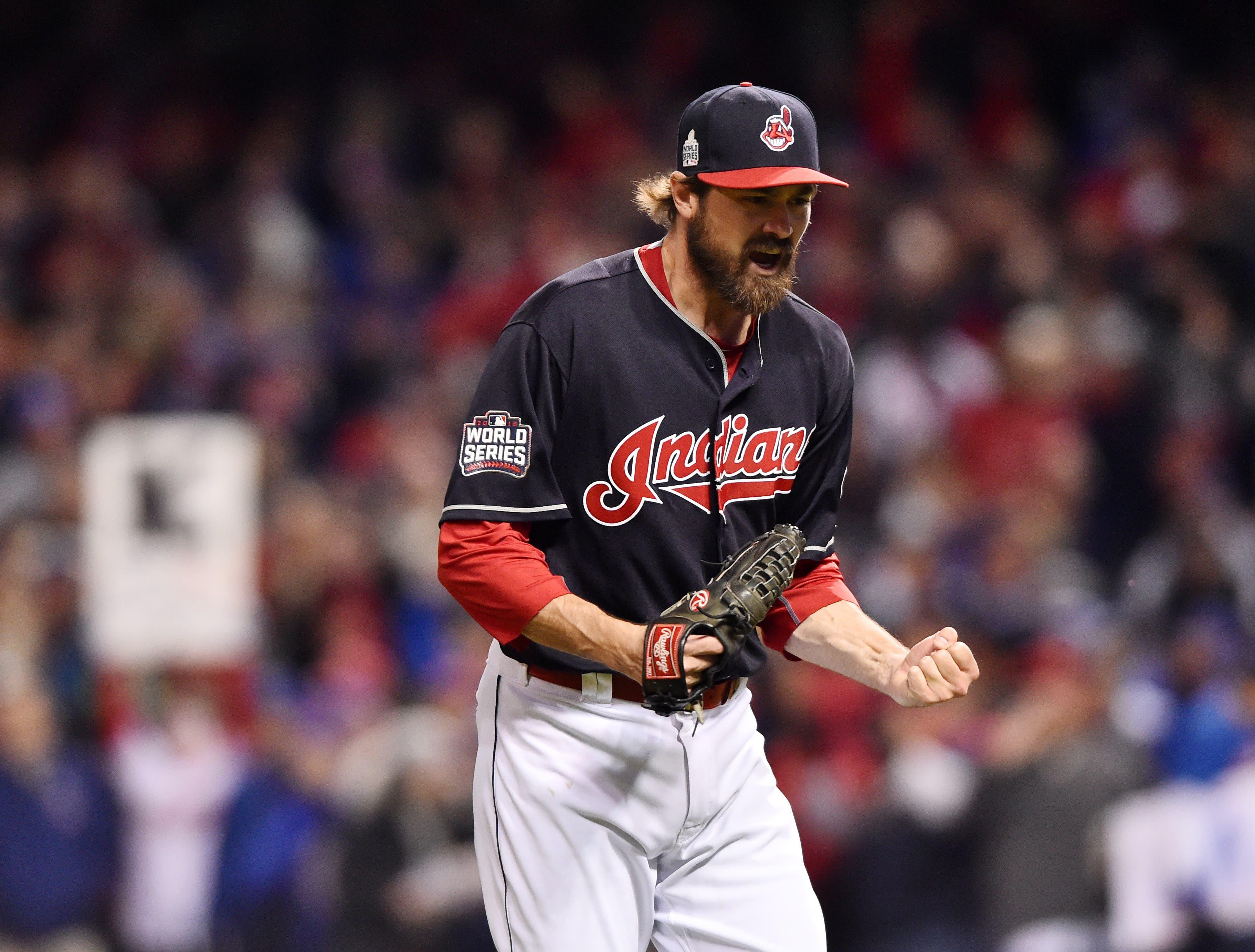 Oct 25, 2016; Cleveland, OH, USA; Cleveland Indians relief pitcher Andrew Miller reacts after striking out Chicago Cubs catcher David Ross (not pictured) to end the top of the 7th inning in game one of the 2016 World Series at Progressive Field. Ken Blaze-USA TODAY Sportsundefined