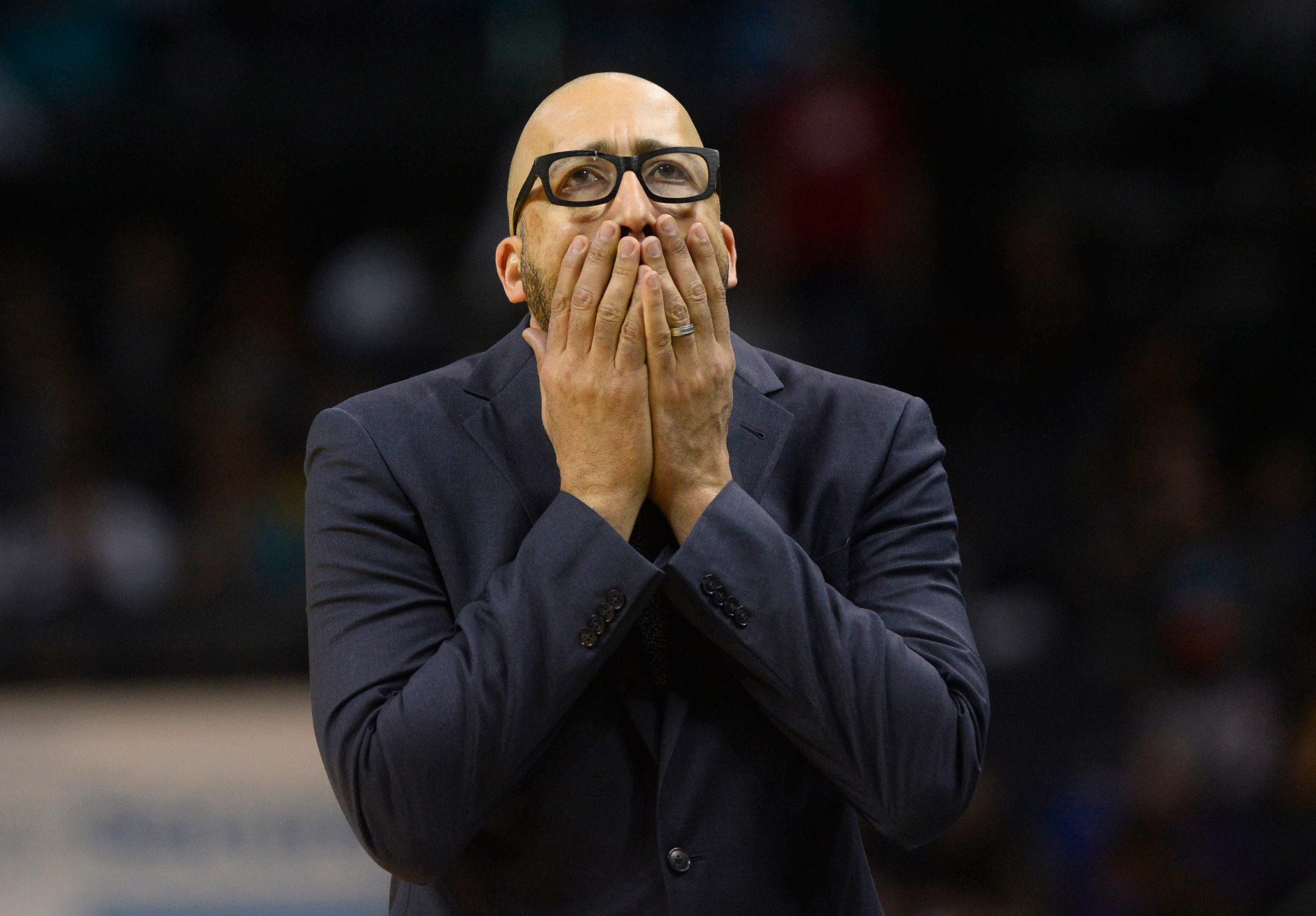 Jan 28, 2019; Charlotte, NC, USA; New York Knicks head coach David Fizdale reacts during the second half against the Charlotte Hornets at the Spectrum Center. The Hornets won 101-92. Mandatory Credit: Sam Sharpe-USA TODAY Sports / Sam Sharpe