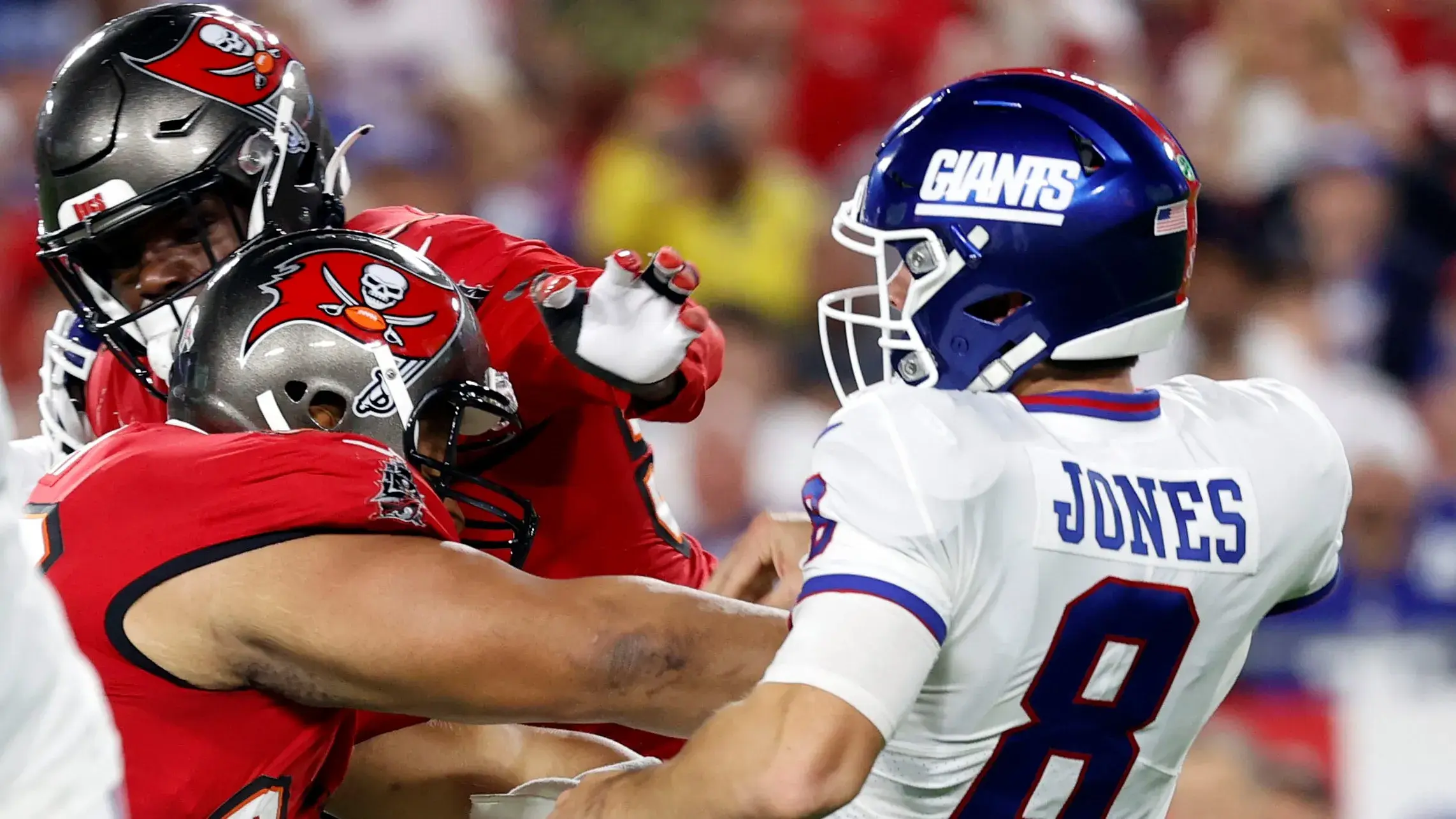 Nov 22, 2021; Tampa, Florida, USA; Tampa Bay Buccaneers defensive end Ndamukong Suh (93) pressures New York Giants quarterback Daniel Jones (8) during the second quarter at Raymond James Stadium. Mandatory Credit: Kim Klement-USA TODAY Sports / Kim Klement-USA TODAY Sports