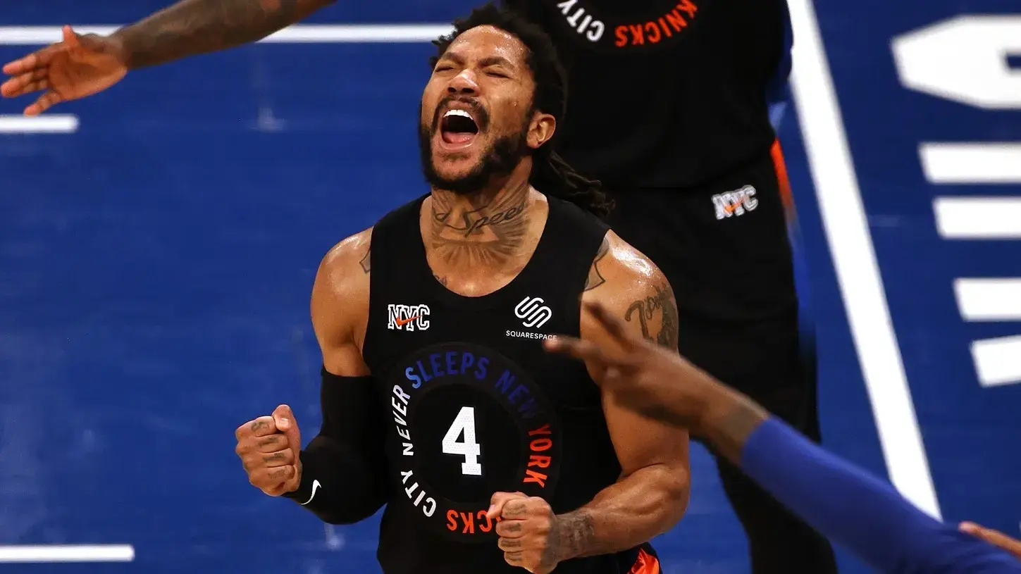 May 26, 2021; New York, New York, USA; New York Knicks guard Derrick Rose (4) reacts against the Atlanta Hawks during the second half of game two of the Eastern Conference quarterfinal at Madison Square Garden. / Elsa/POOL PHOTOS-USA TODAY Sports