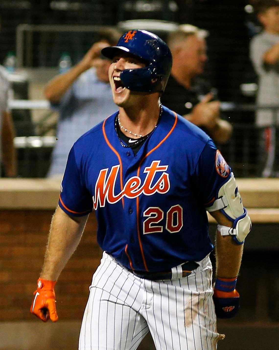 Aug 5, 2019; New York City, NY, USA; New York Mets first baseman Pete Alonso (20) reacts after hitting a solo home run against the Miami Marlins during the seventh inning of game two of a doubleheader at Citi Field. Mandatory Credit: Andy Marlin-USA TODAY Sports