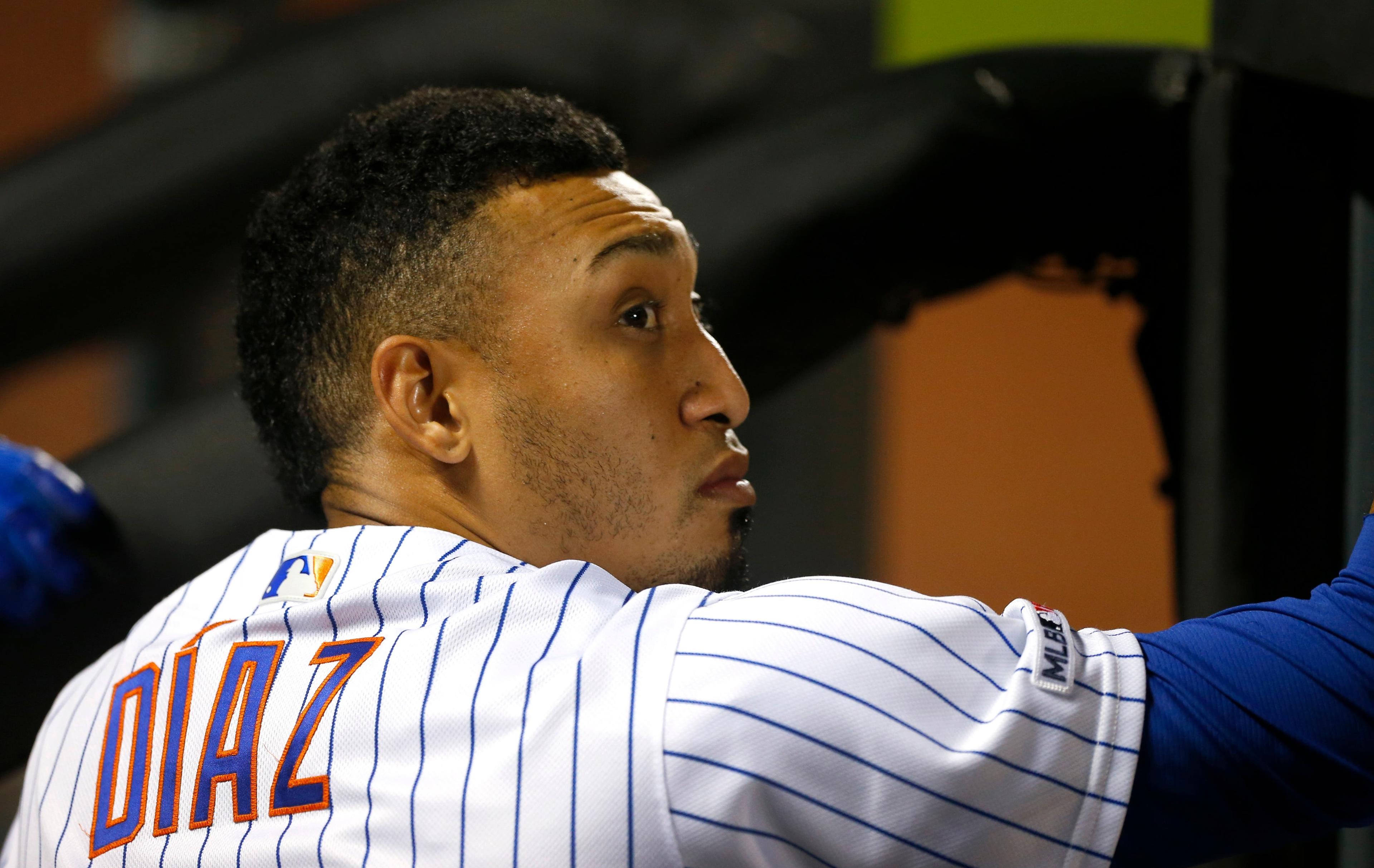 Sep 6, 2019; New York City, NY, USA; New York Mets relief pitcher Edwin Diaz (39) looks at the scoreboard in the tenth inning of game against the Philadelphia Phillies at Citi Field. Mandatory Credit: Noah K. Murray-USA TODAY Sports / Noah K. Murray