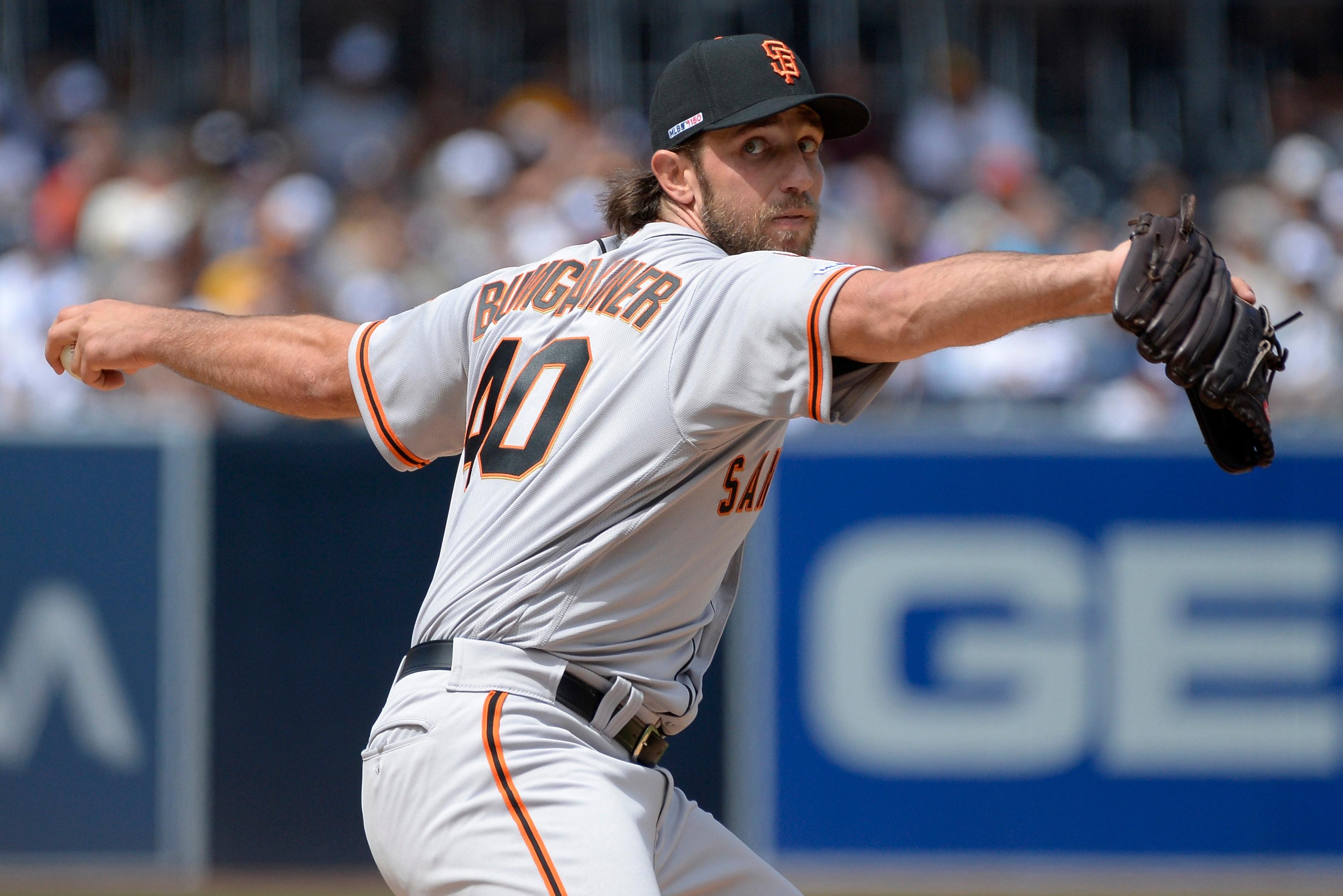 Mar 28, 2019; San Diego, CA, USA; San Francisco Giants starting pitcher Madison Bumgarner (40) pitches against the San Diego Padres during the first inning at Petco Park. Mandatory Credit: Jake Roth-USA TODAY Sports