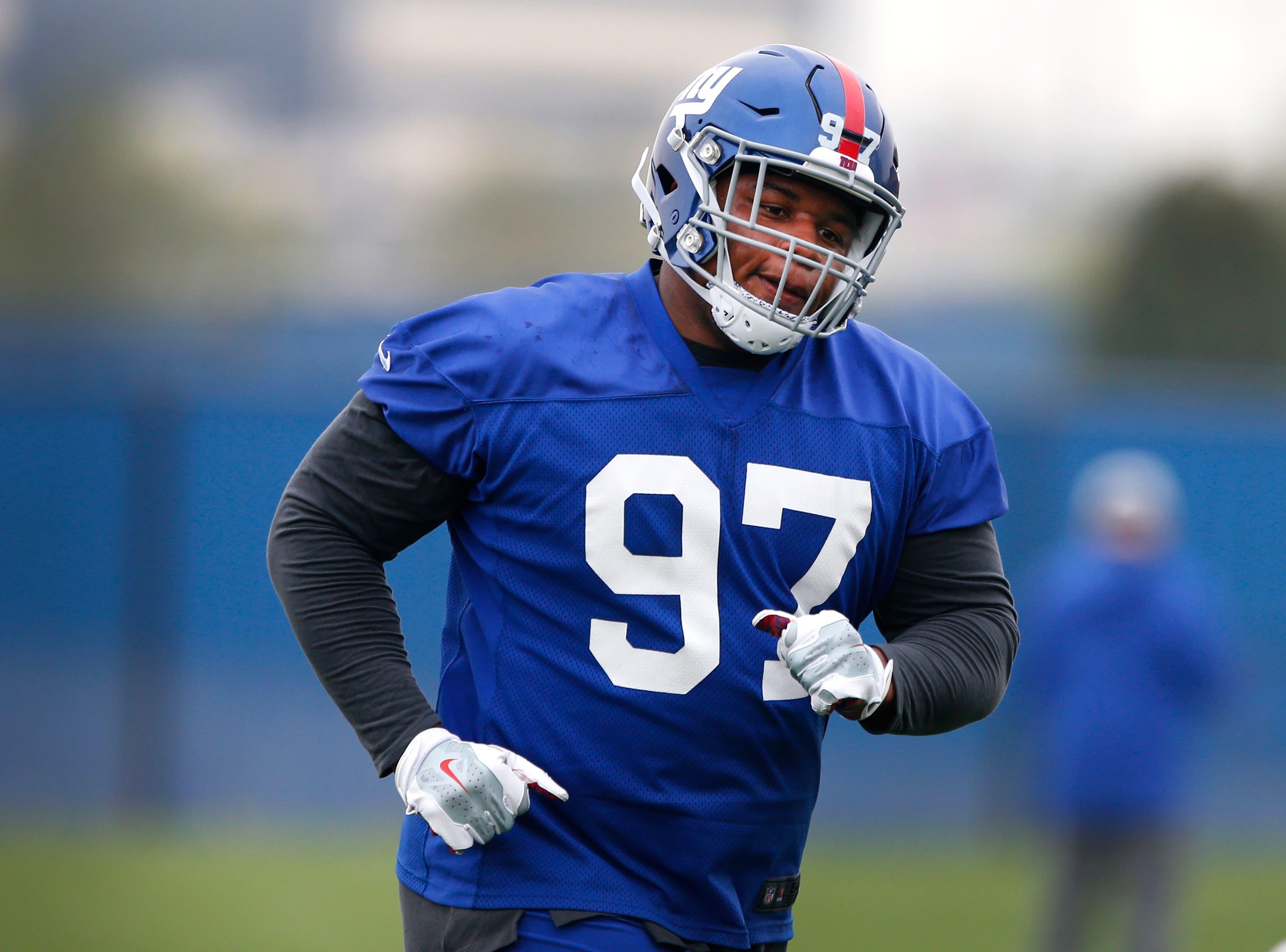 May 3, 2019; East Rutherford, NJ, USA; New York Giants defensive lineman Dexter Lawrence (97) during rookie minicamp at Quest Diagnostic Training Center. Mandatory Credit: Noah K. Murray-USA TODAY Sports / Noah K. Murray