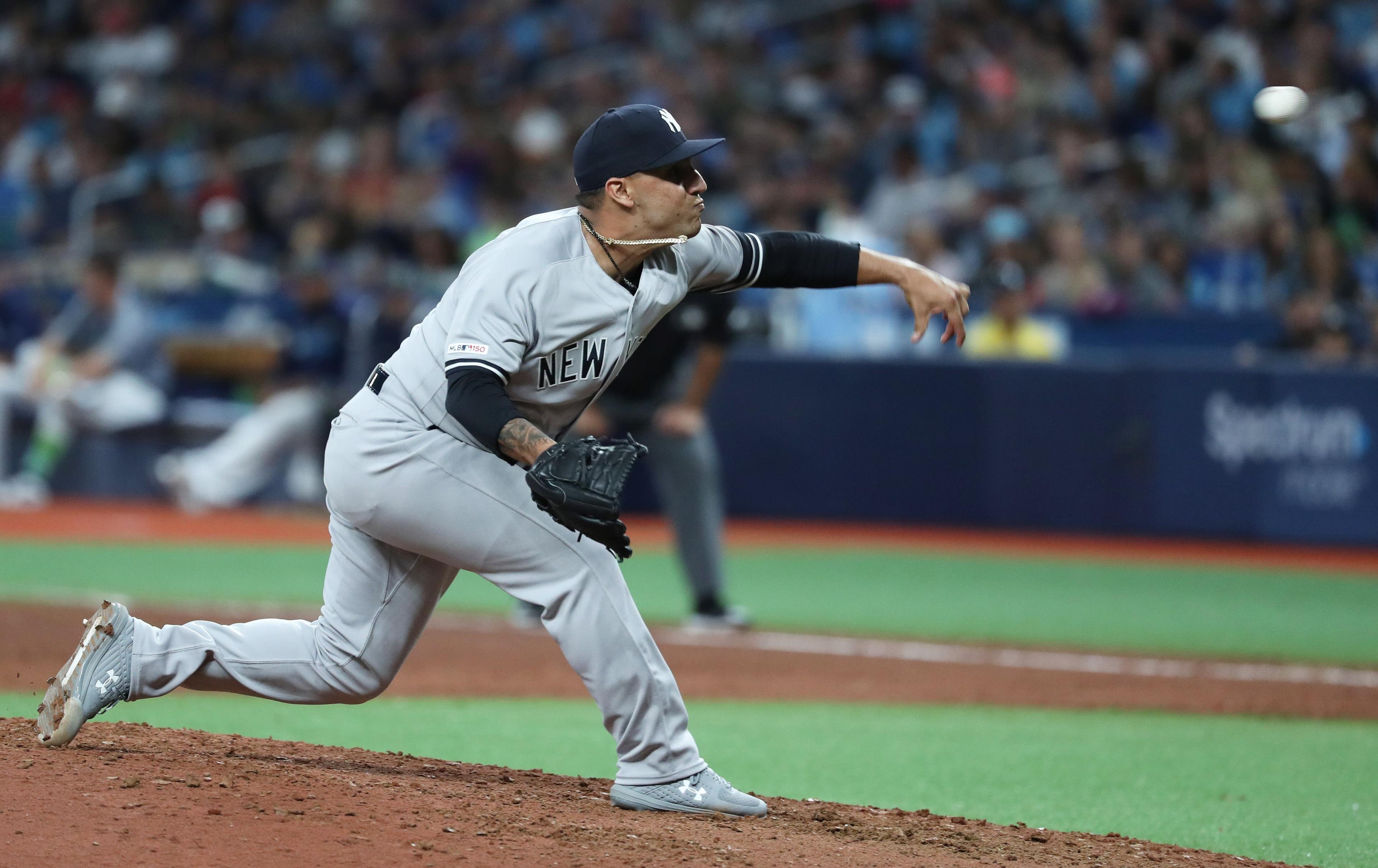 May 11, 2019; St. Petersburg, FL, USA; New York Yankees relief pitcher Nestor Cortes Jr. (67) throws a pitch at Tropicana Field. Mandatory Credit: Kim Klement-USA TODAY Sports / Kim Klement