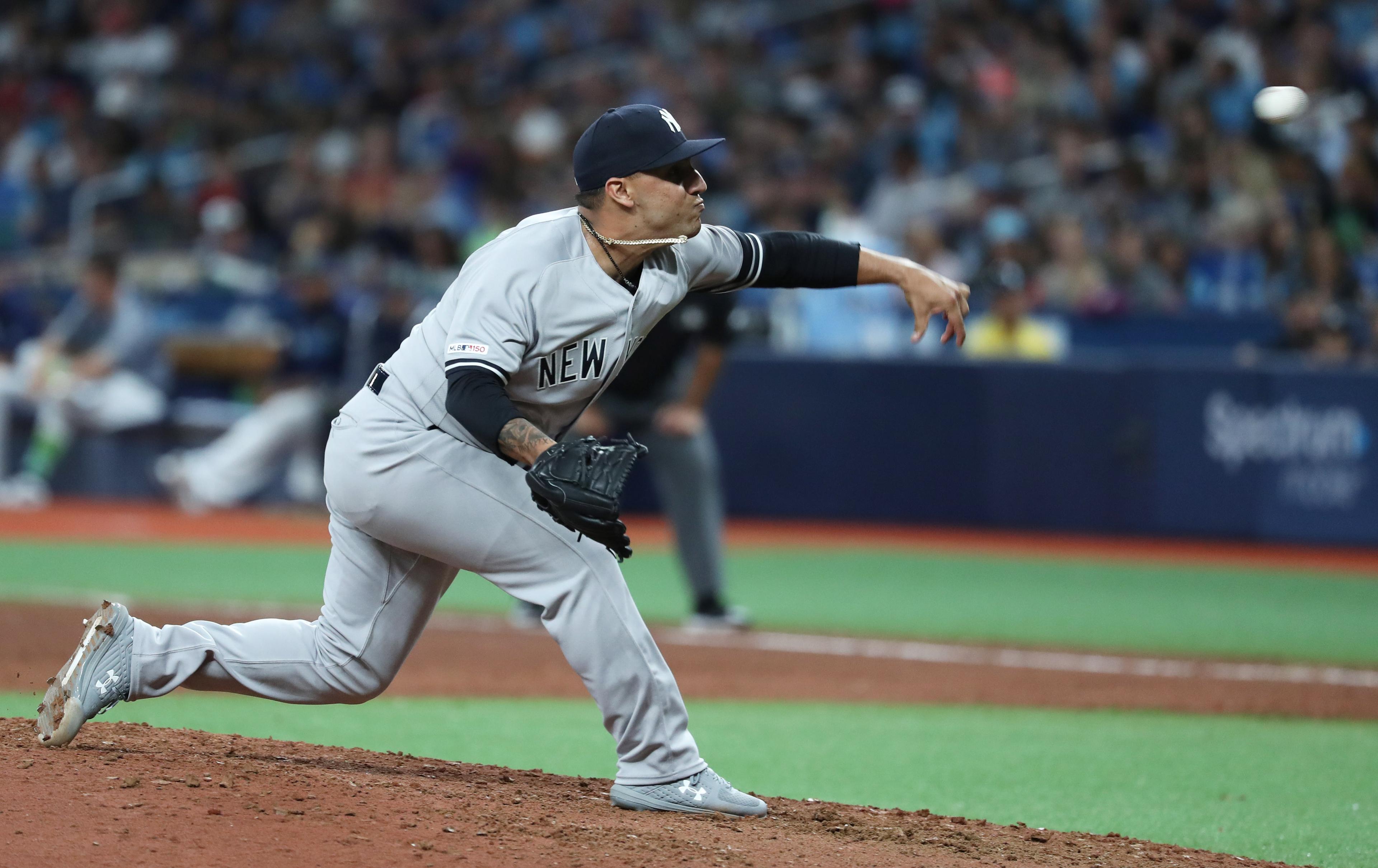 May 11, 2019; St. Petersburg, FL, USA; New York Yankees relief pitcher Nestor Cortes Jr. (67) throws a pitch at Tropicana Field. Mandatory Credit: Kim Klement-USA TODAY Sports