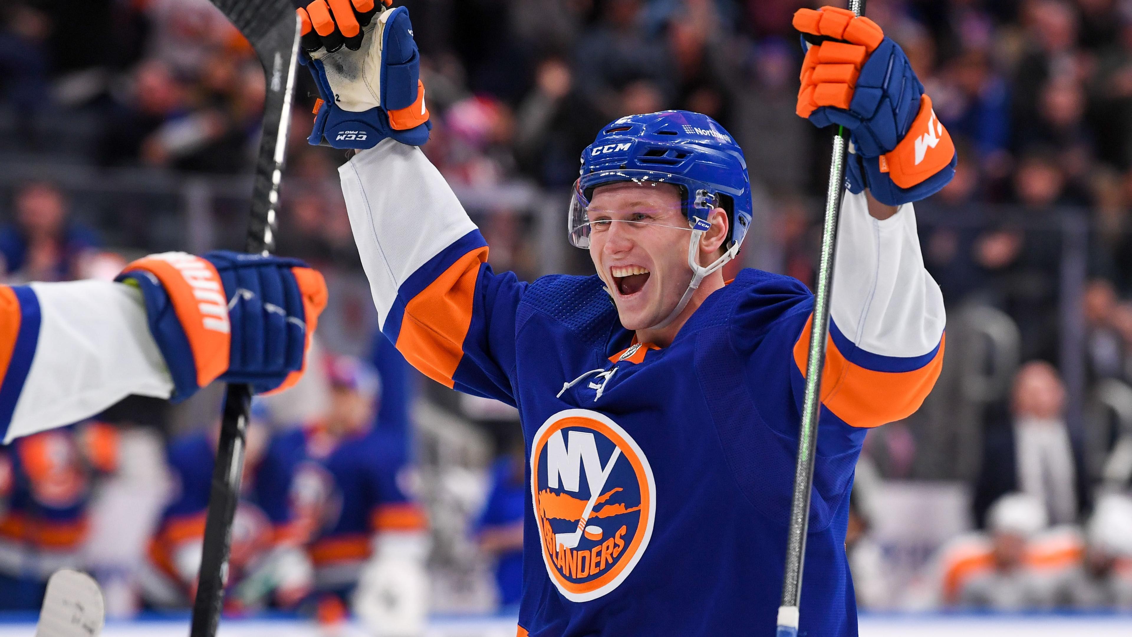 Jan 17, 2022; Elmont, New York, USA; New York Islanders defenseman Robin Salo (2) celebrates after assisting on a goal by New York Islanders center Casey Cizikas (53) (not pictured) against the Philadelphia Flyers during the second period at UBS Arena. Mandatory Credit: Dennis Schneidler-USA TODAY Sports / Dennis Schneidler-USA TODAY Sports