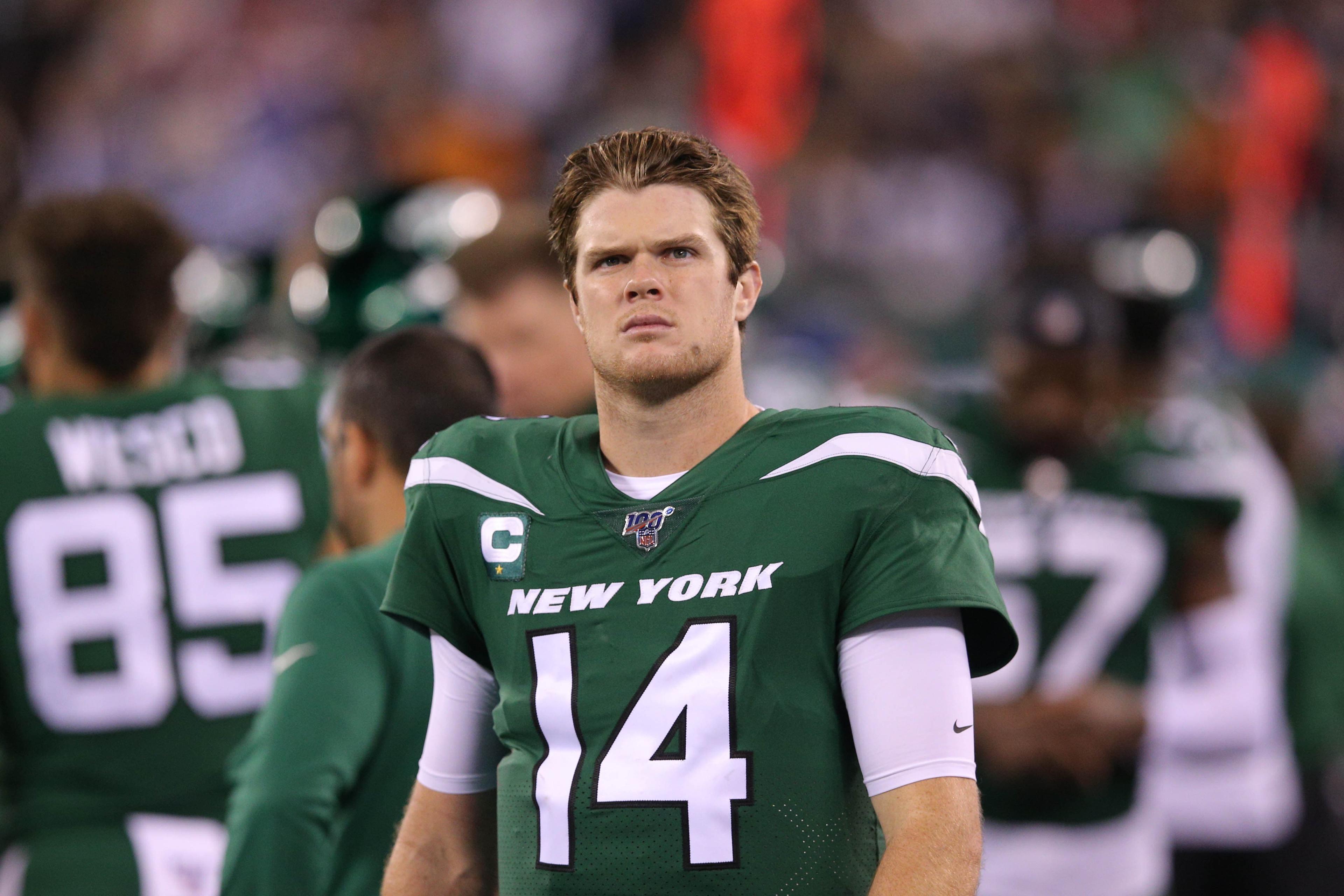 Oct 21, 2019; East Rutherford, NJ, USA; New York Jets quarterback Sam Darnold (14) reacts on the sideline during the fourth quarter against the New England Patriots at MetLife Stadium. Mandatory Credit: Brad Penner-USA TODAY Sports / Brad Penner