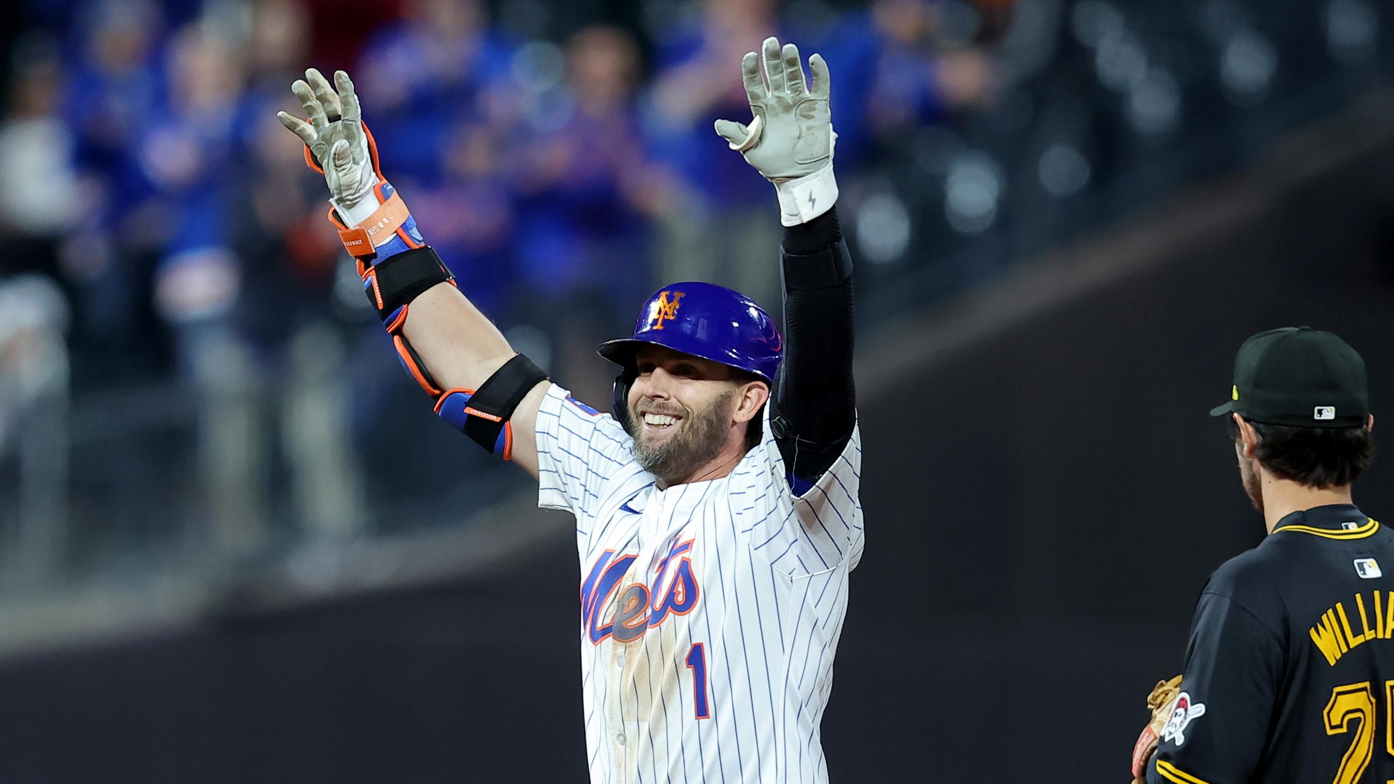 Apr 16, 2024; New York City, New York, USA; New York Mets second baseman Jeff McNeil (1) celebrates his RBI double against the Pittsburgh Pirates during the seventh inning at Citi Field. / Brad Penner - USA TODAY Sports
