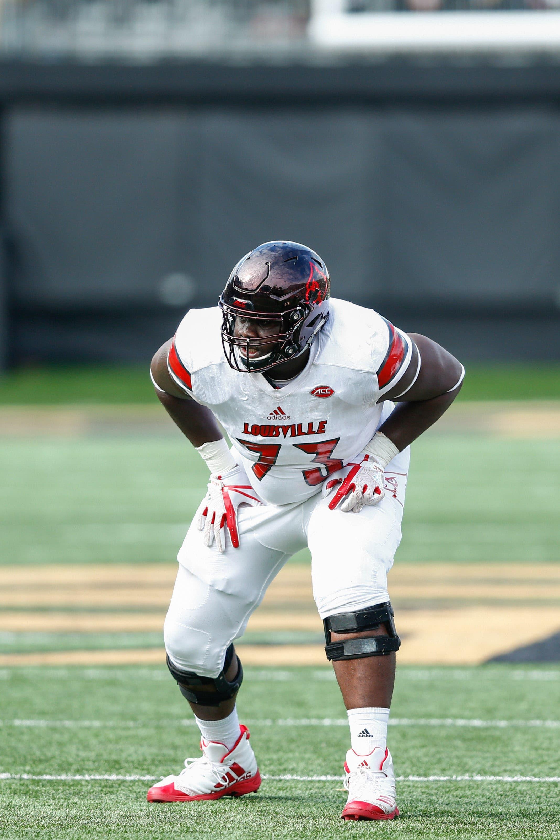 Oct 28, 2017; Winston-Salem, NC, USA; Louisville Cardinals offensive lineman Mekhi Becton (73) lines up during the game against the Wake Forest Demon Deacons at BB&T Field. Mandatory Credit: Jeremy Brevard-USA TODAY Sports / Jeremy Brevard