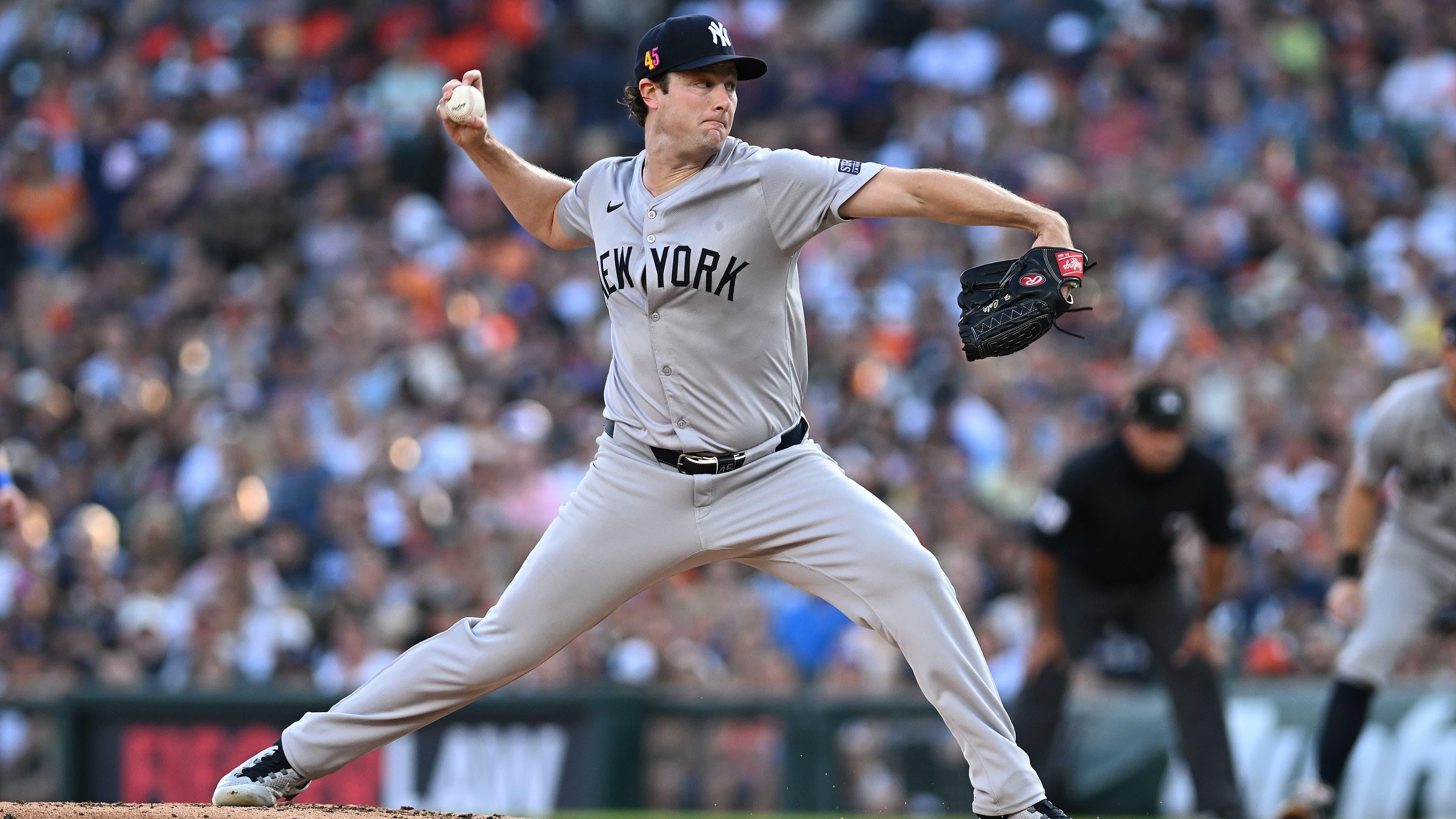 New York Yankees starting pitcher Gerrit Cole (45) throws a pitch against the Detroit Tigers in the second inning at Comerica Park. / Lon Horwedel-USA TODAY Sports