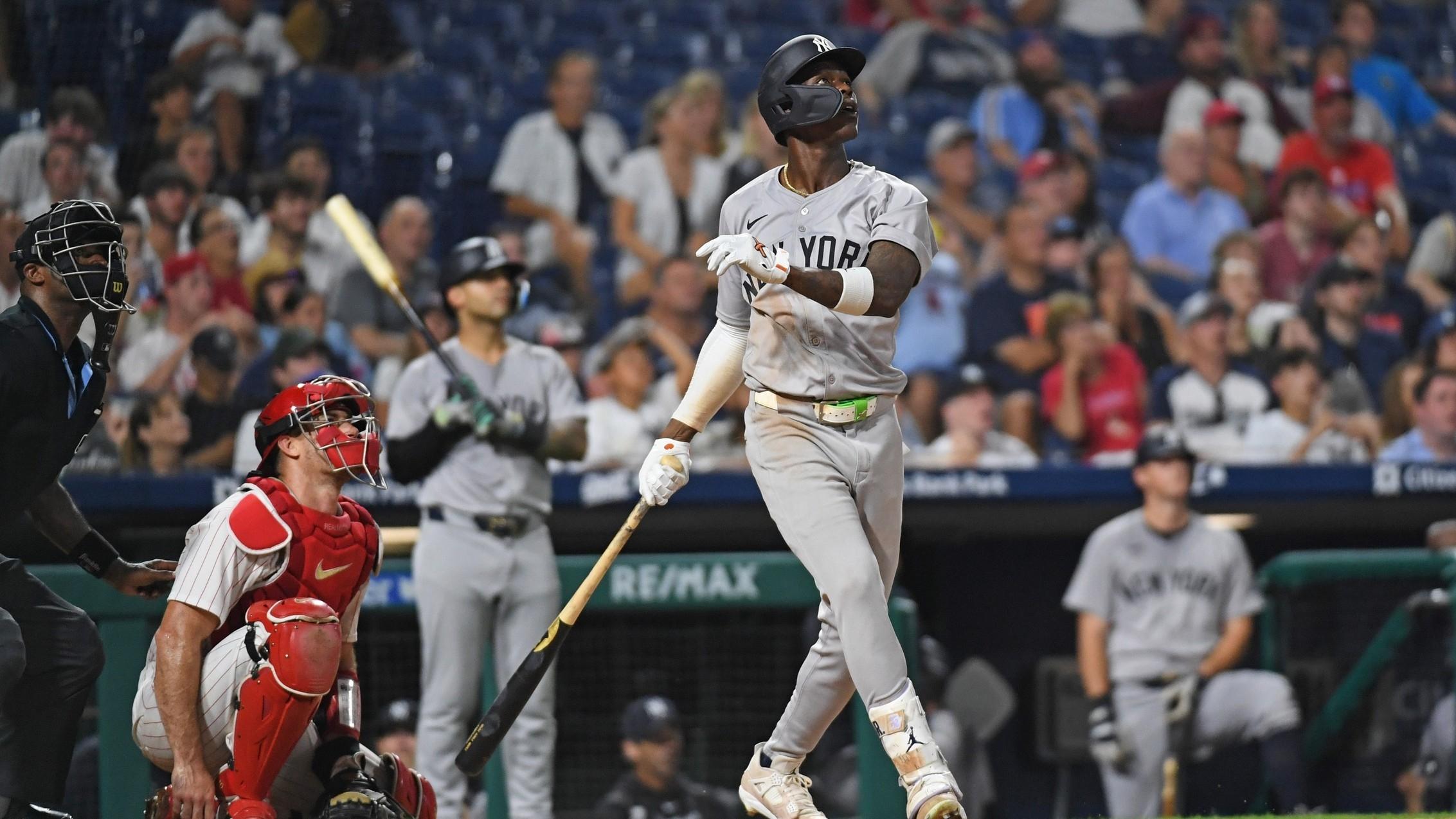 New York Yankees third baseman Jazz Chisholm Jr. (13) watches his home run during the ninth inning against the Philadelphia Phillies at Citizens Bank Park.