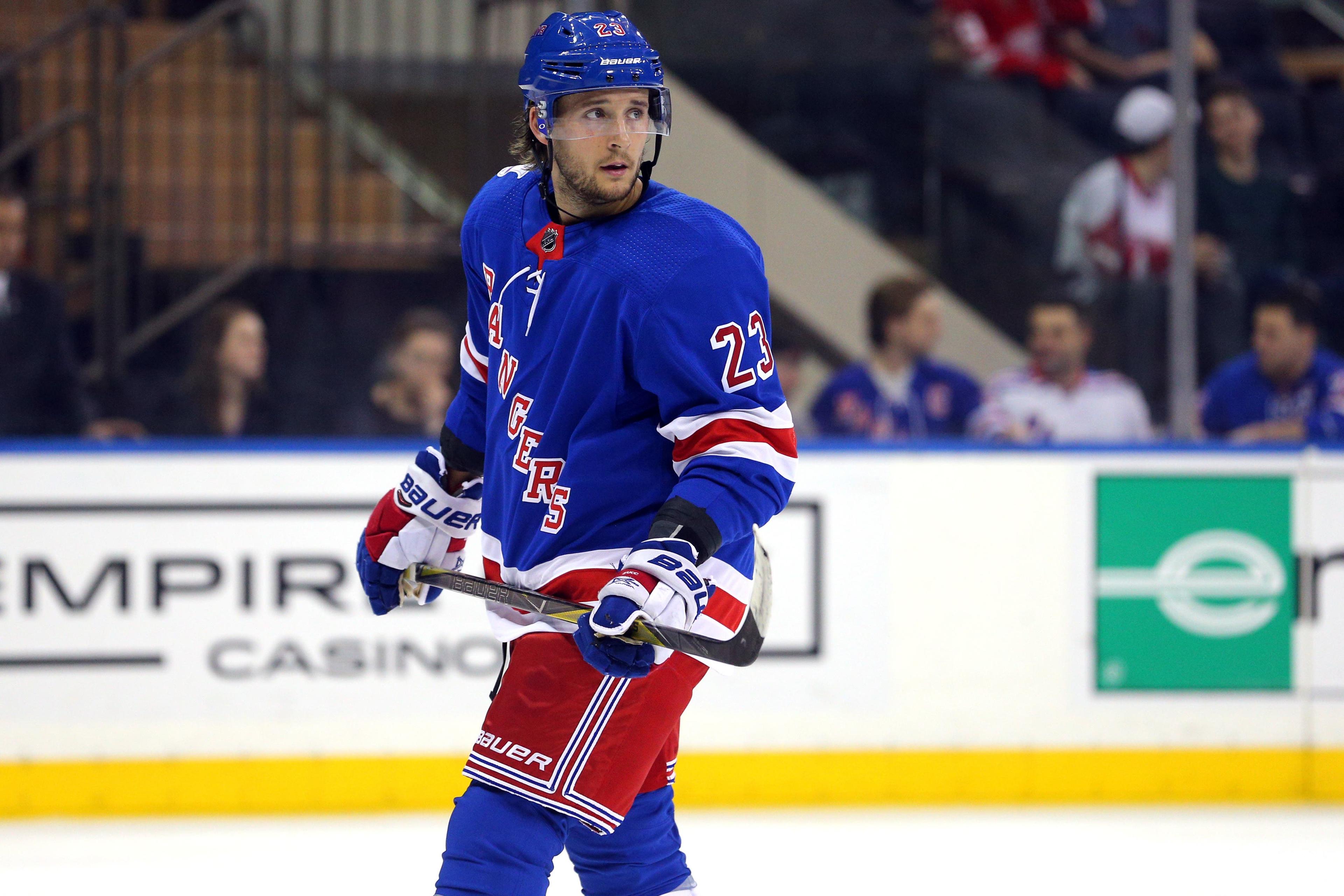 Feb 25, 2018; New York, NY, USA; New York Rangers center Ryan Spooner (23) during the third period against the Detroit Red Wings at Madison Square Garden. This was Spooner's first game with the Rangers after being acquired from the Boston Bruins. Mandatory Credit: Brad Penner-USA TODAY Sports / Brad Penner