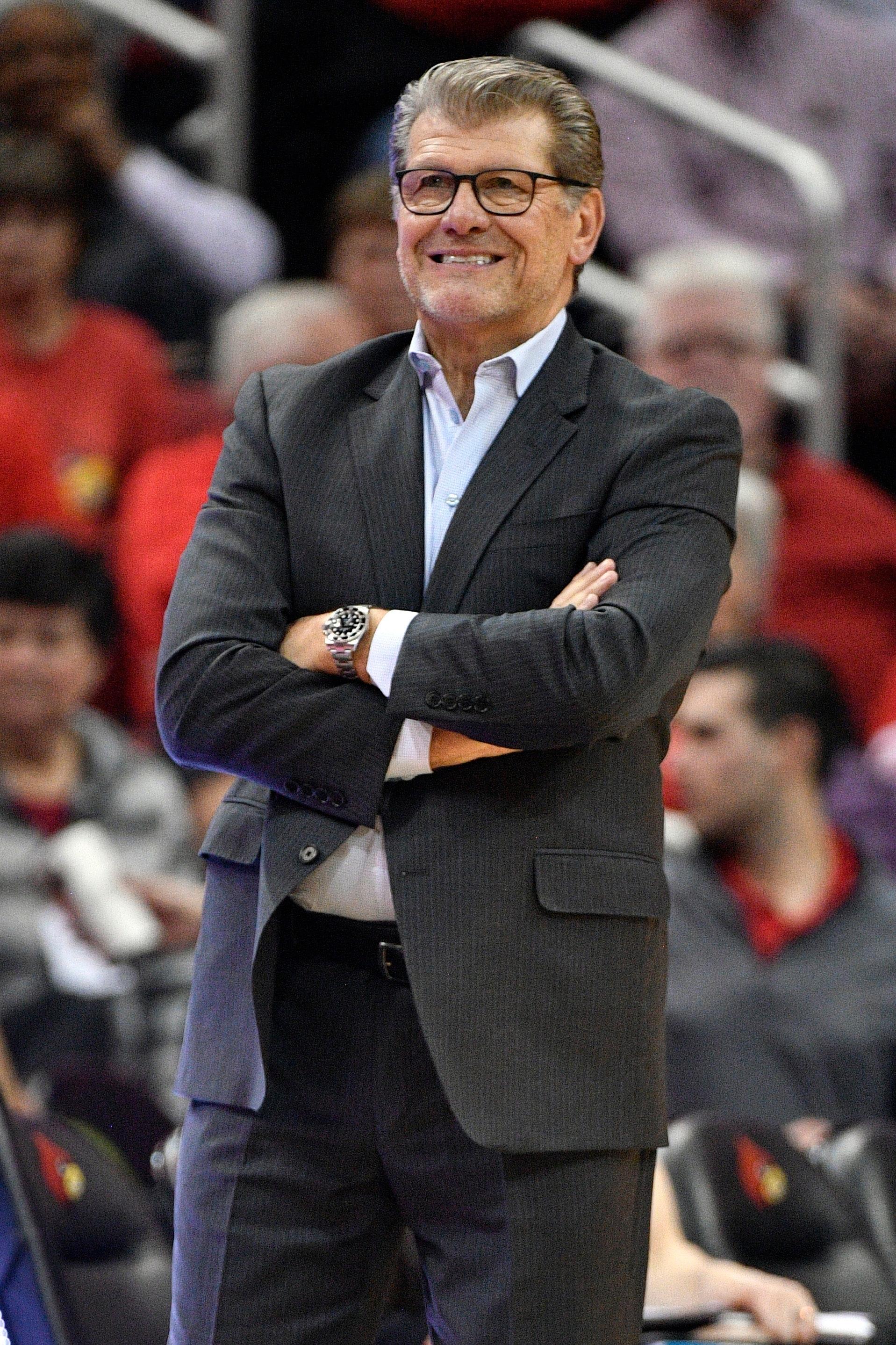 Jan 31, 2019; Louisville, KY, USA; Connecticut Huskies head coach Geno Auriemma reacts during the second half against the Louisville Cardinals at KFC Yum! Center. Louisville defeated Connecticut 78-69. Mandatory Credit: Jamie Rhodes-USA TODAY Sports