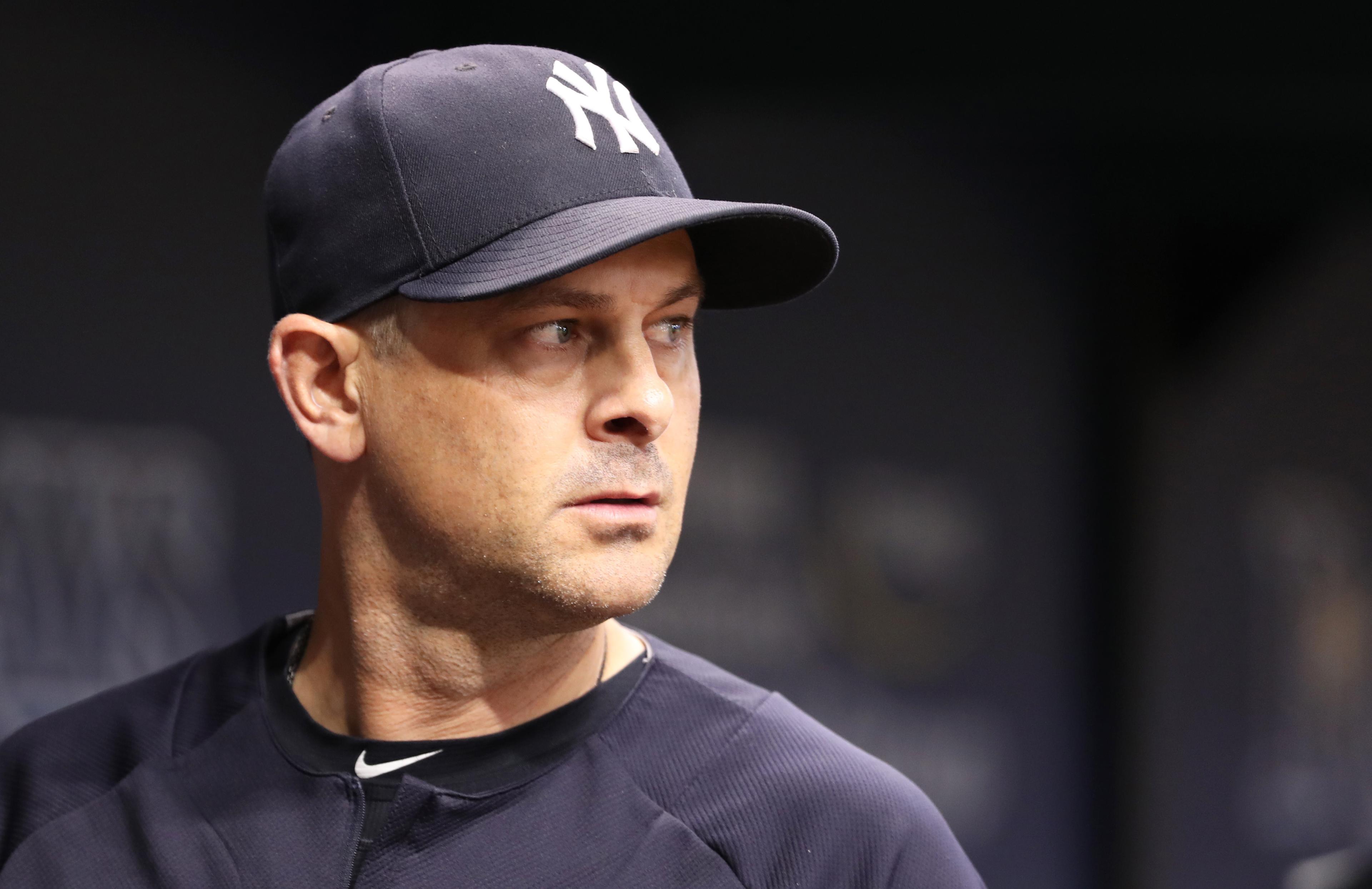 Jul 23, 2018; St. Petersburg, FL, USA;New York Yankees manager Aaron Boone (17) at Tropicana Field. Mandatory Credit: Kim Klement-USA TODAY Sports