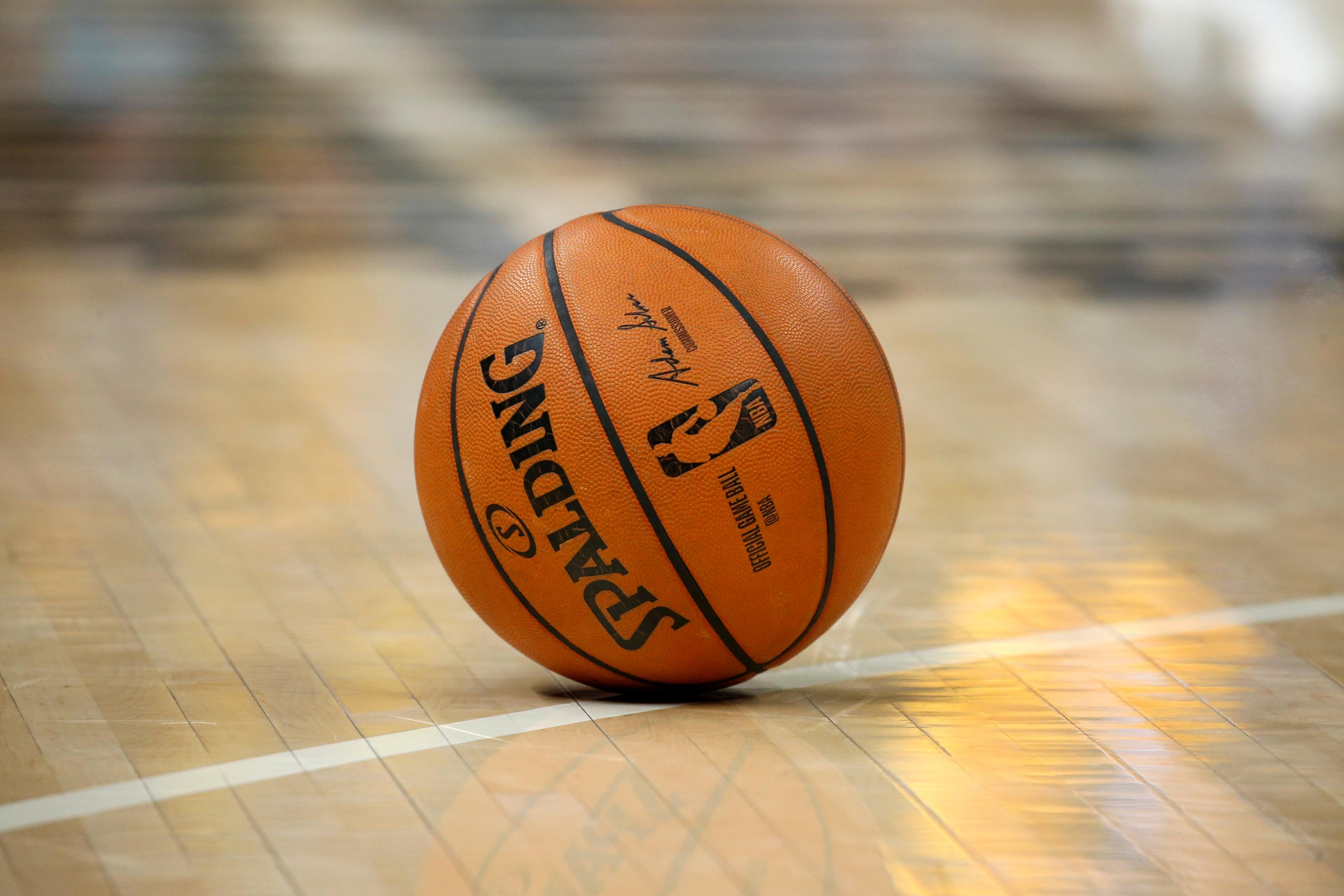 Feb 10, 2020; Indianapolis, Indiana, USA; A NBA basketball rests on the floor during a game between the Brooklyn Nets and the Indiana Pacers during the fourth quarter at Bankers Life Fieldhouse. Mandatory Credit: Brian Spurlock-USA TODAY Sports