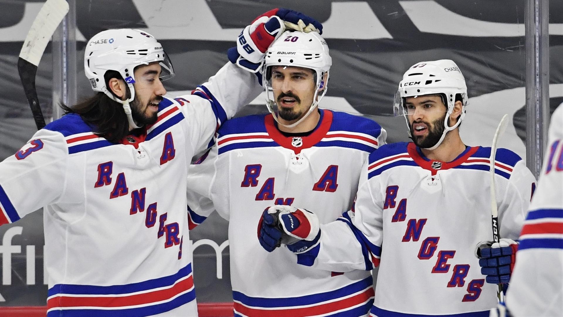 Feb 24, 2021; Philadelphia, Pennsylvania, USA; New York Rangers left wing Chris Kreider (20) celebrates his goal with center Mika Zibanejad (93) and center Colin Blackwell (43) against the Philadelphia Flyers during the first period at Wells Fargo Center. Mandatory Credit: Eric Hartline-USA TODAY Sports / © Eric Hartline-USA TODAY Sports